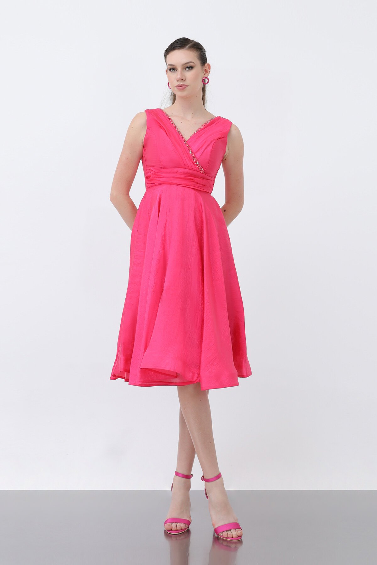 Kruvaze Yaka Taş Detaylı Elbise - 1663