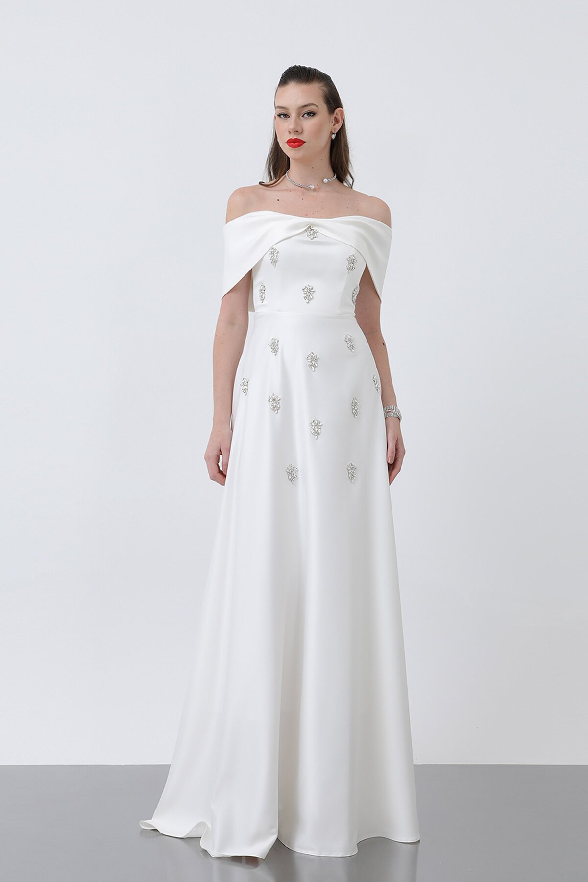 Kayık Yaka Taşlı Elbise - 1866