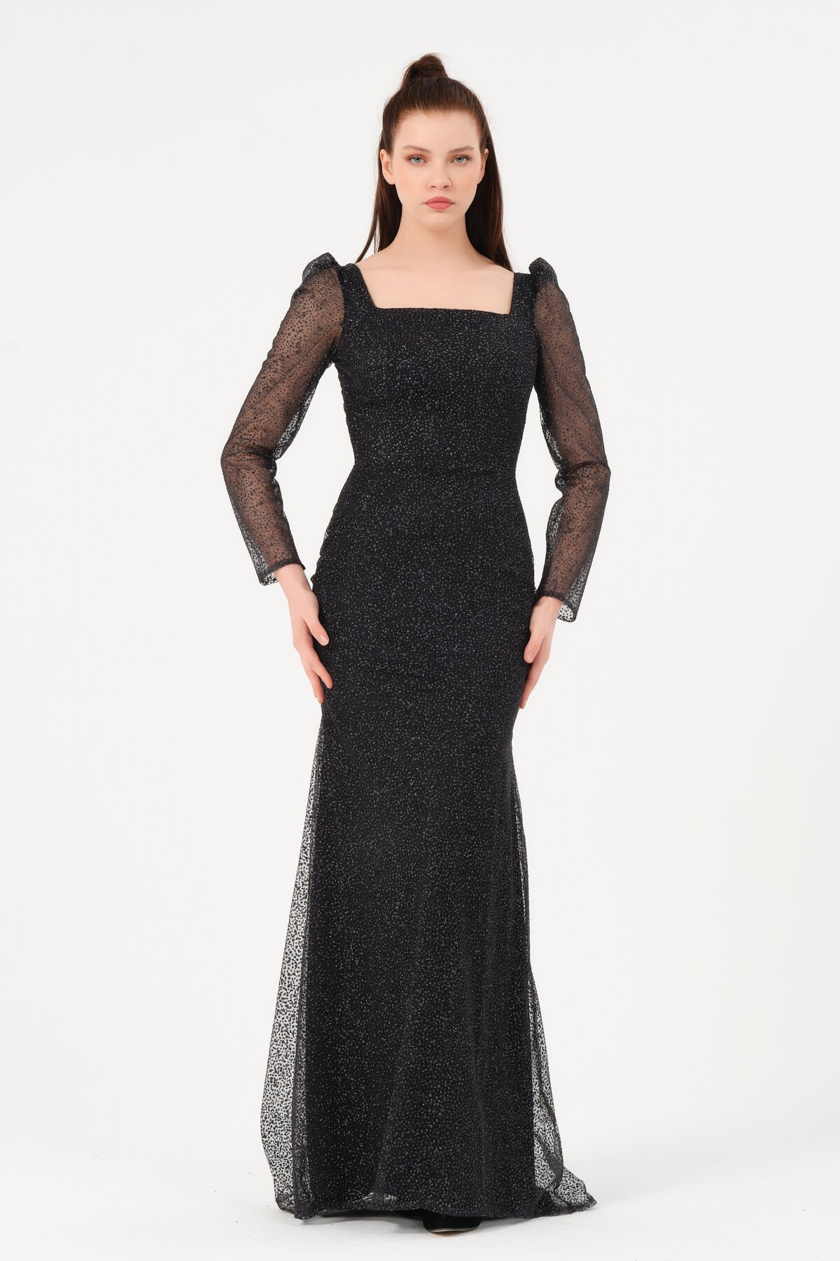 Omzu Büzgülü Kare Yaka Elbise - 1573