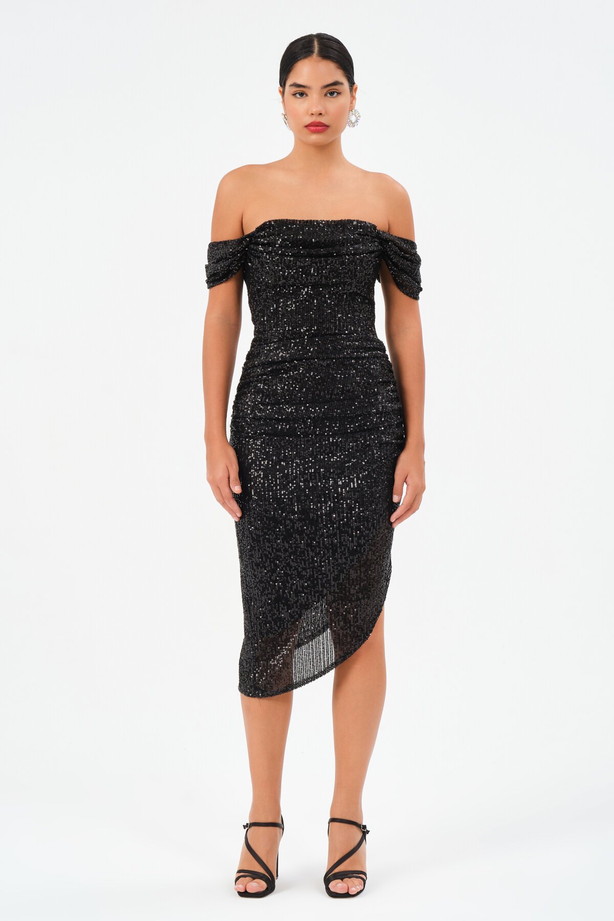 Payetli Kayık Yaka Asimetrik Elbise - 1544