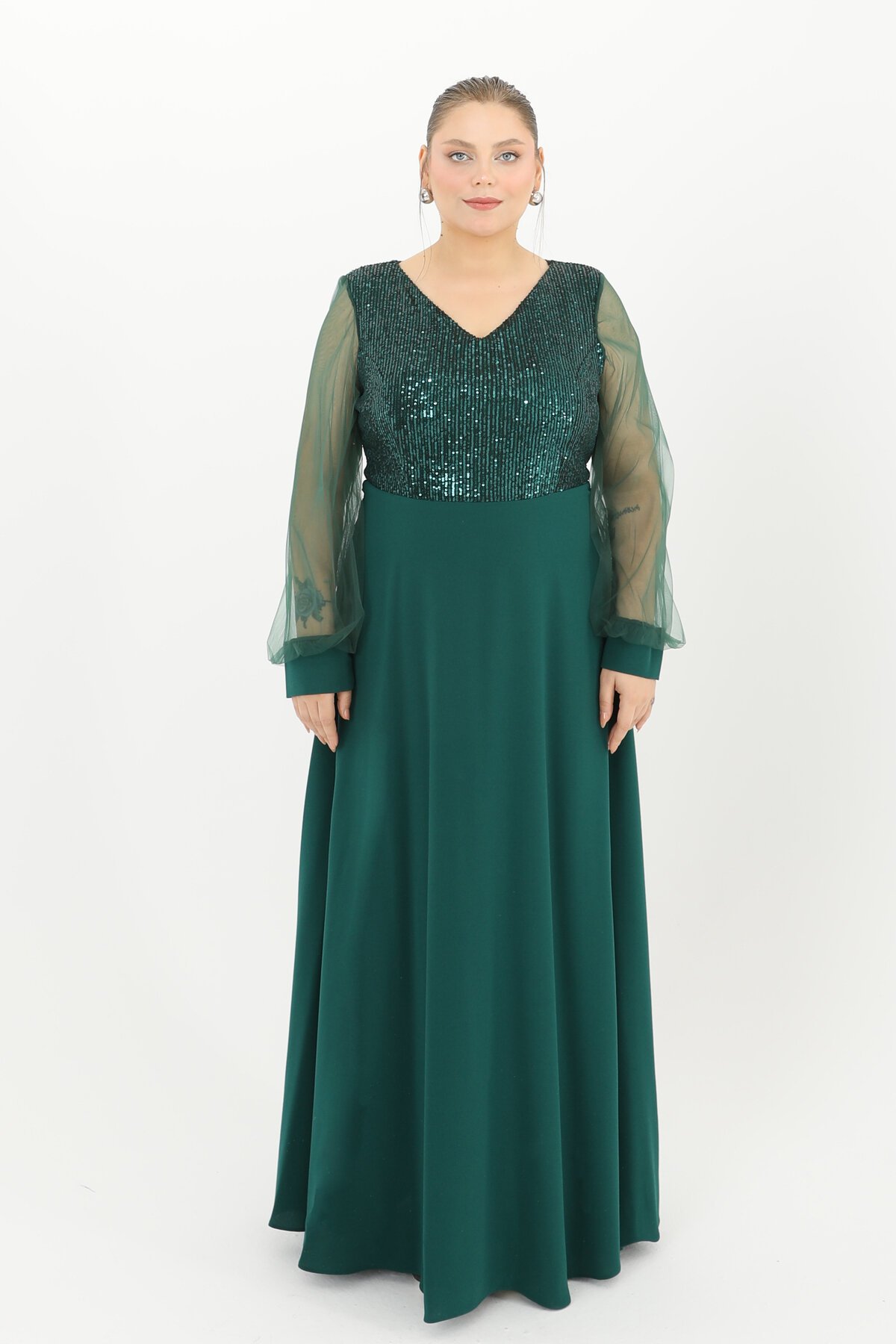 Payetli Tül Detaylı Uzun Elbise - 1657