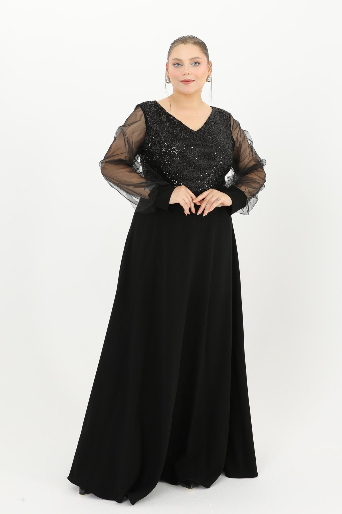 Payetli Tül Detaylı Uzun Elbise - 1657