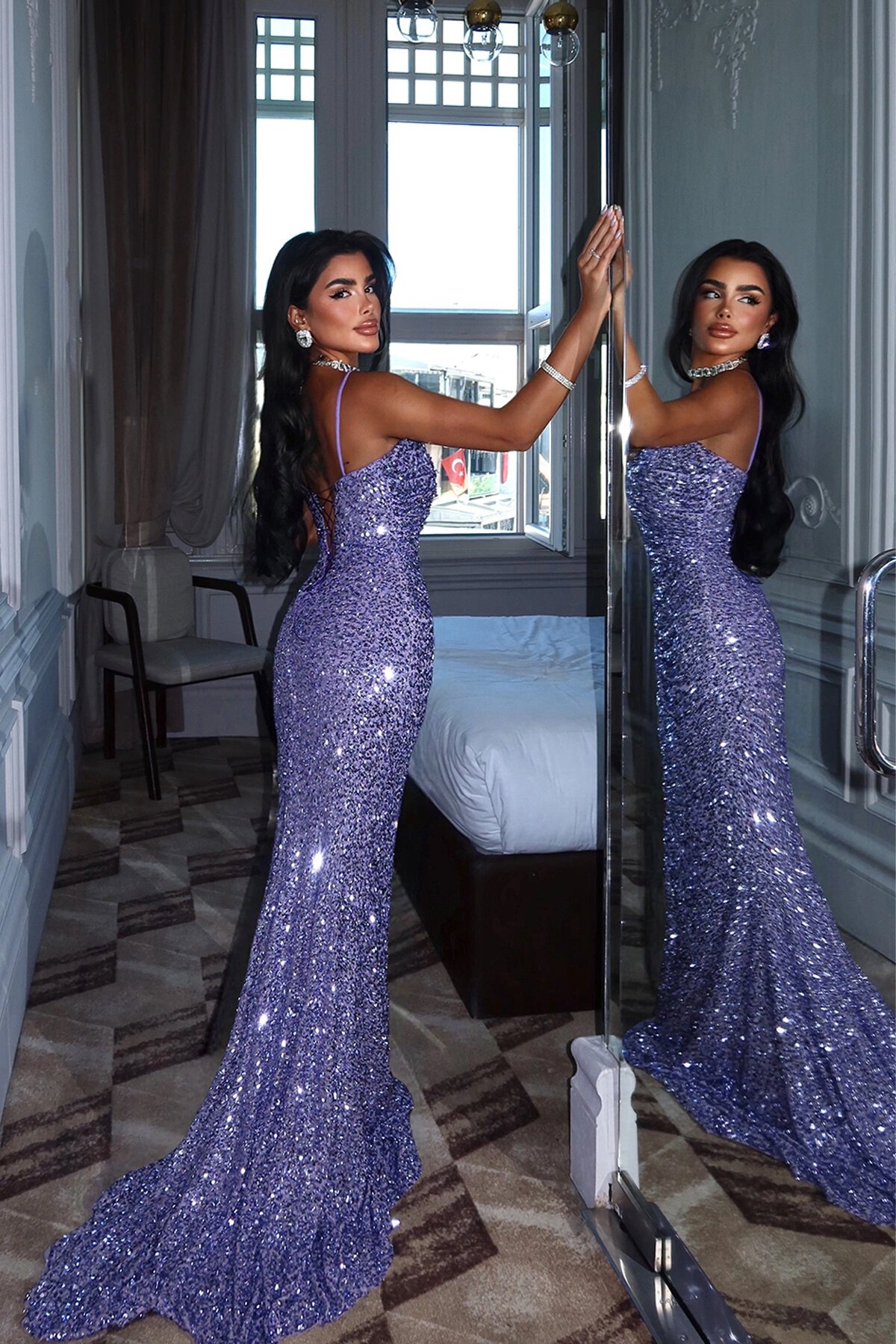 Payetli Yırtmaçlı Elbise - 1814