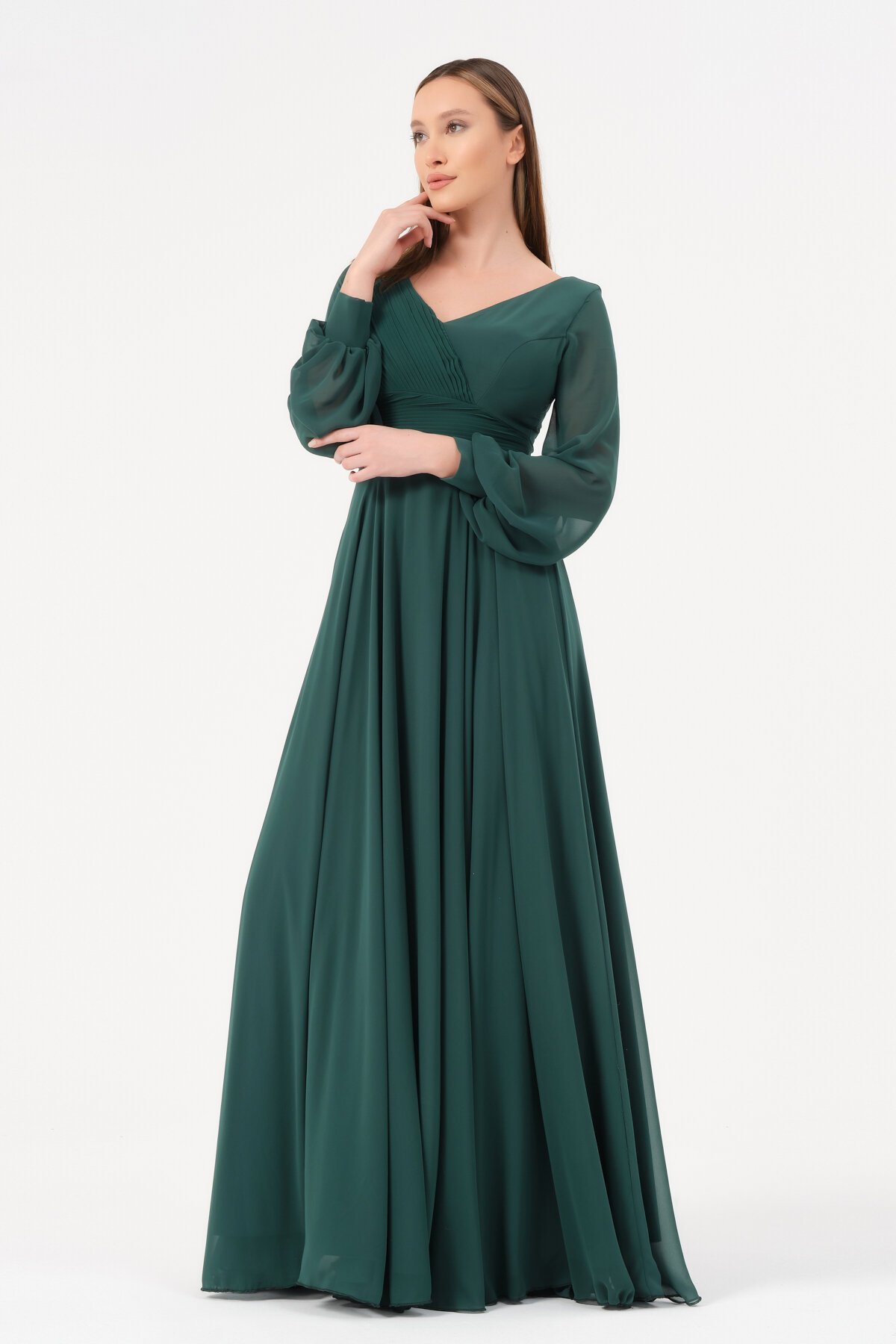 Pile Detaylı Kruvaze Yaka Elbise - 1565