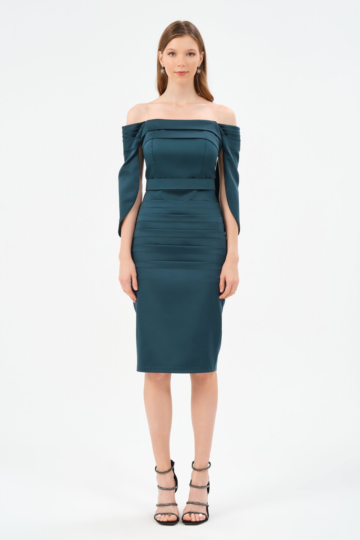 Pileli Kayık Yaka Detaylı Midi Elbise - 1559