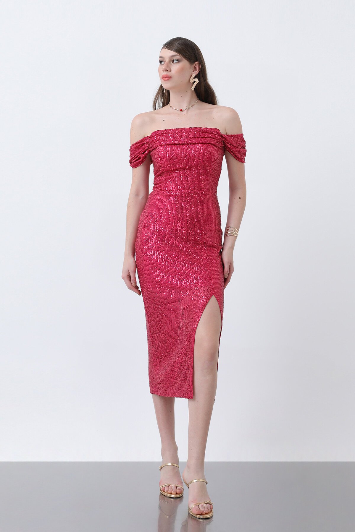 Kayık Yakalı Payetli Midi Elbise - 1660