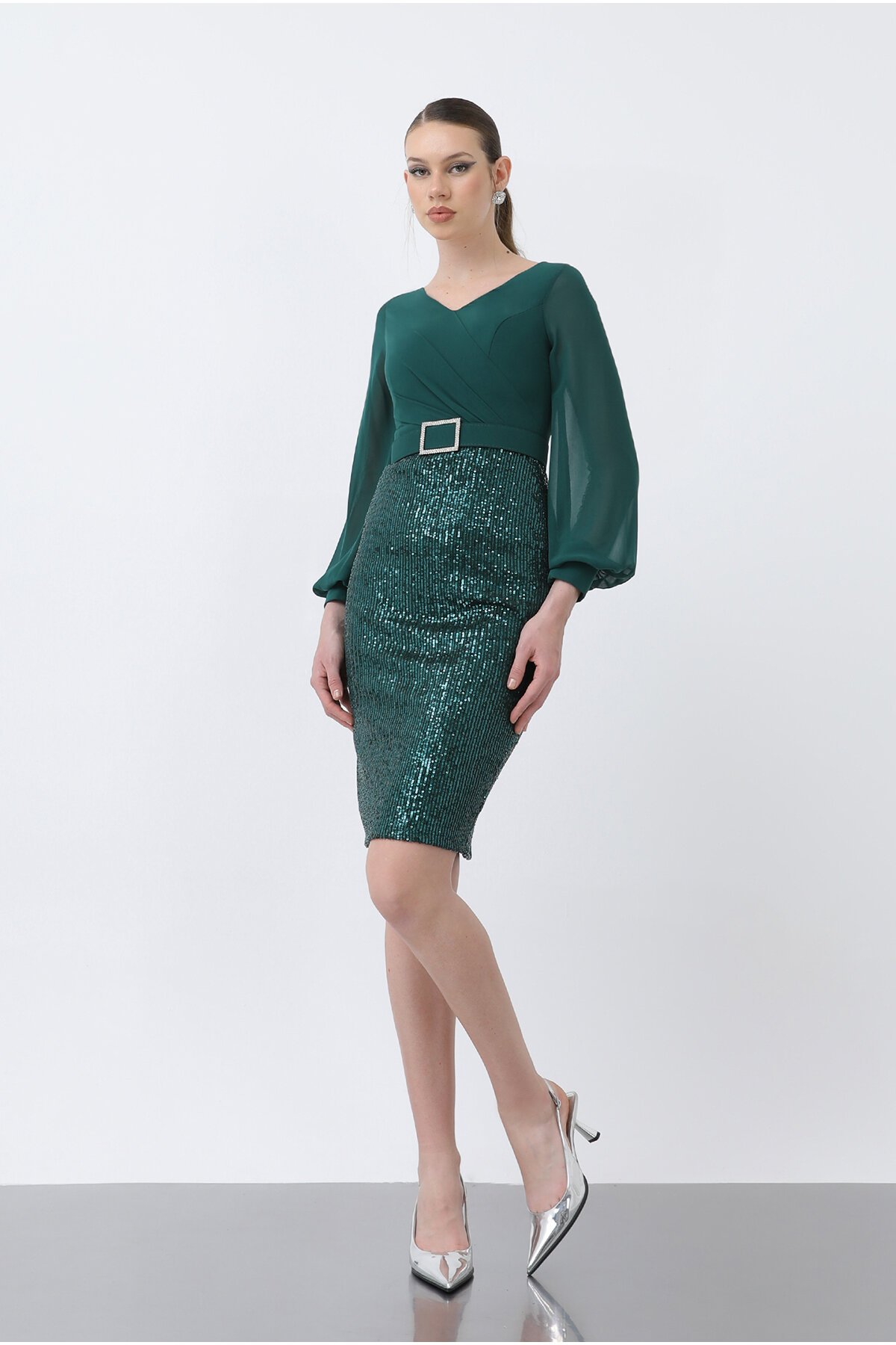 Pul Payetli  Üstü Şifon Elbise - 1606