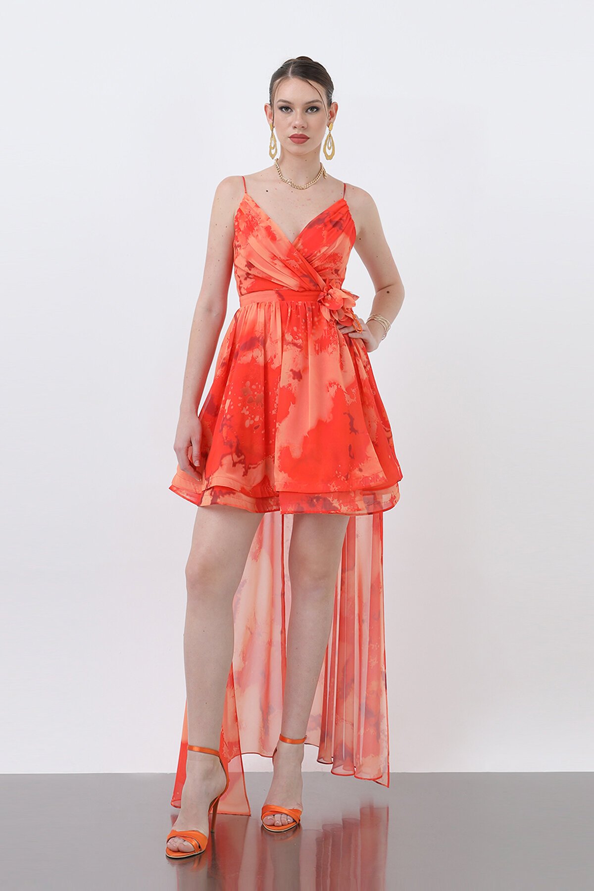 Şifon Arkası Uzun Mini Elbise - 1643