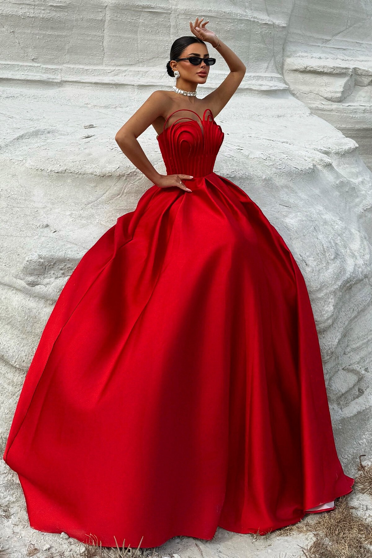 Göğüs Detaylı Straplez Elbise - 1886