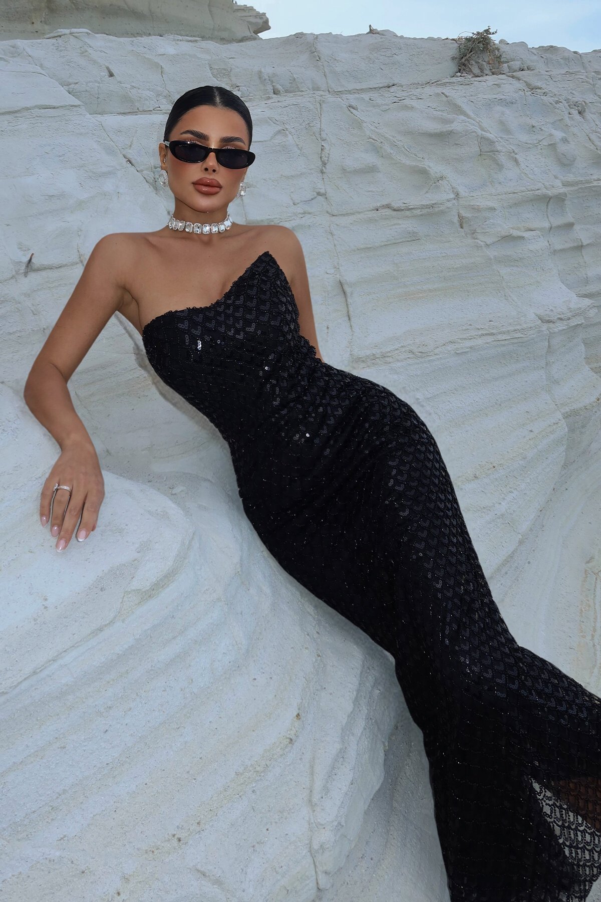 Payetli Straplez Midi Elbise - 1786