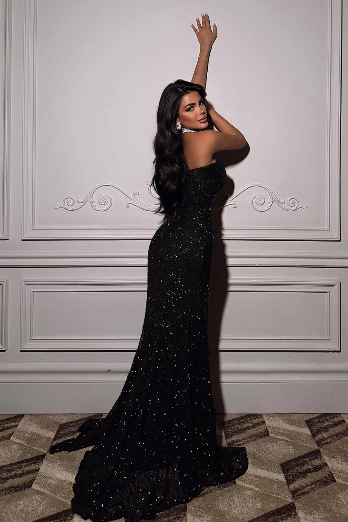 Straplez Payetli Yırtmaçlı Elbise - 1762