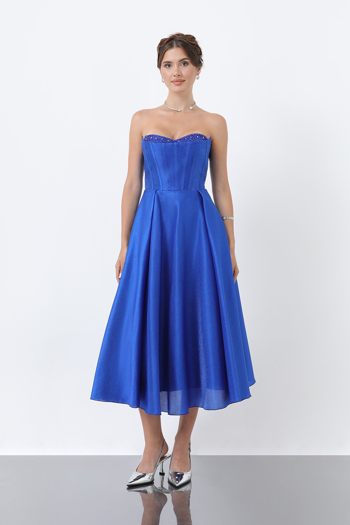 Taş Detaylı Straplez Midi Elbise - 1904