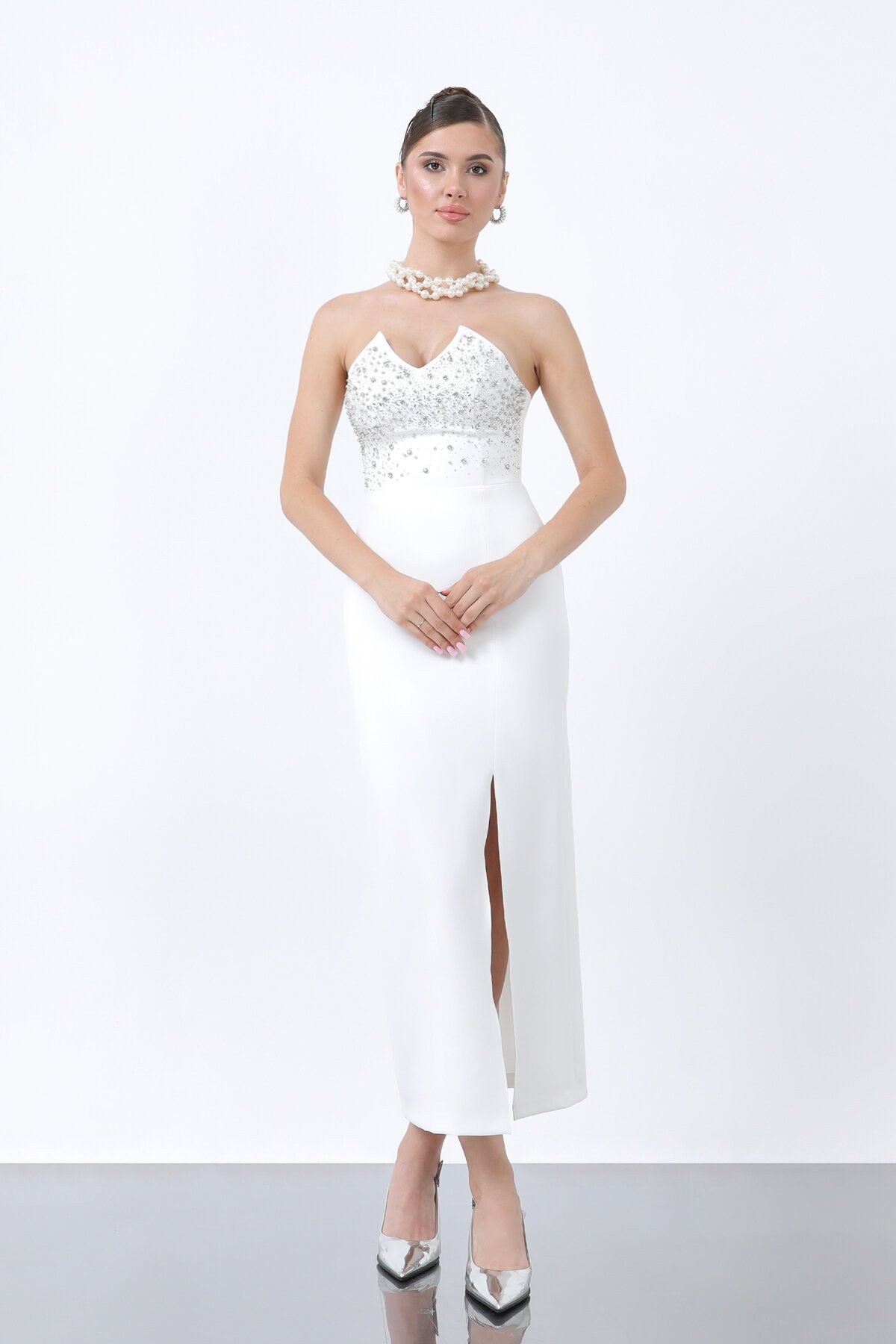 Straplez Taş İşlemeli Midi Elbise - 1850