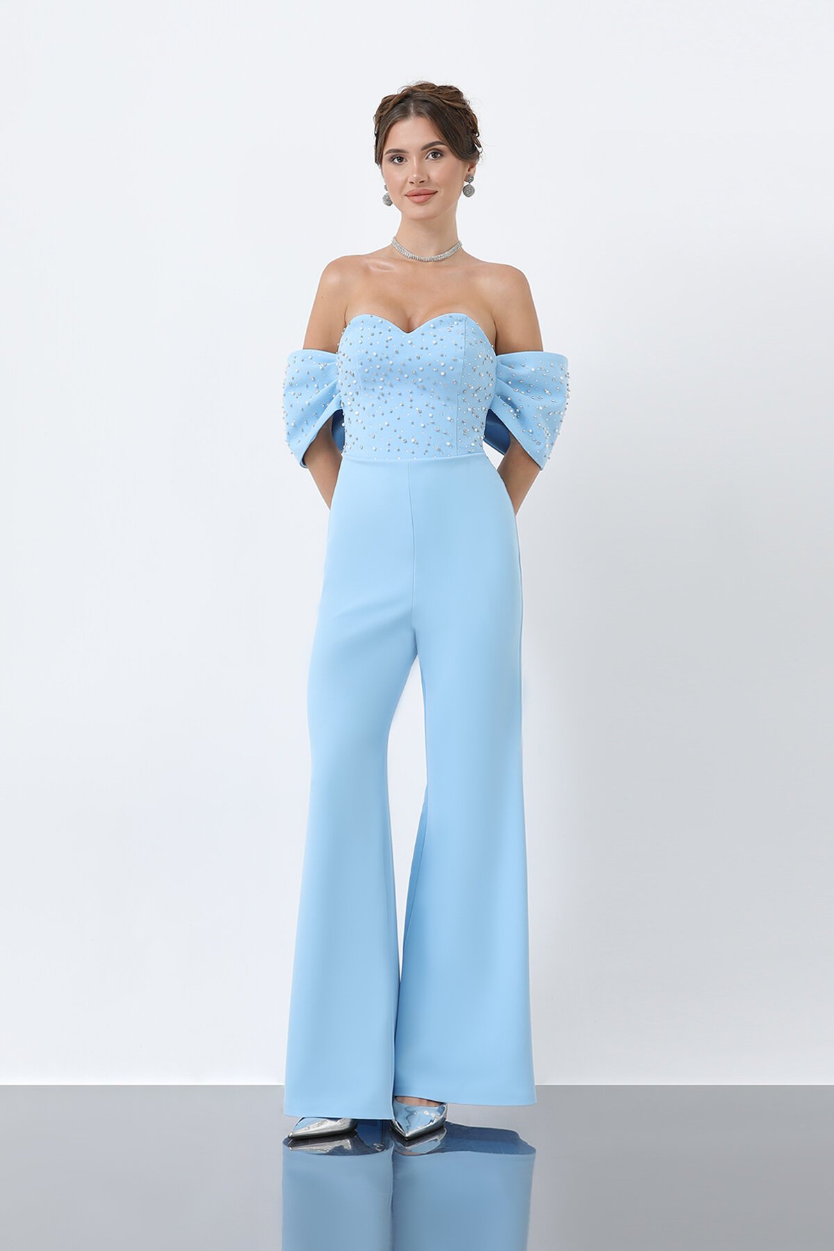 Kol Detaylı Taşlı Straplez Tulum - 1824