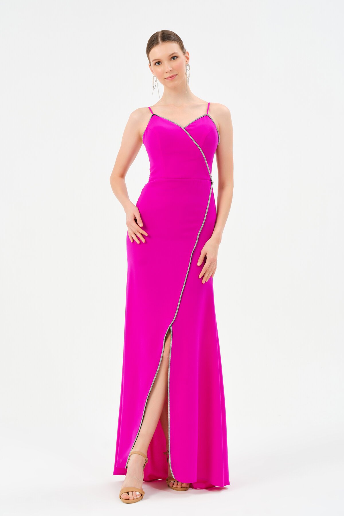 Taş Detaylı Askılı Asimetrik Elbise - 1518