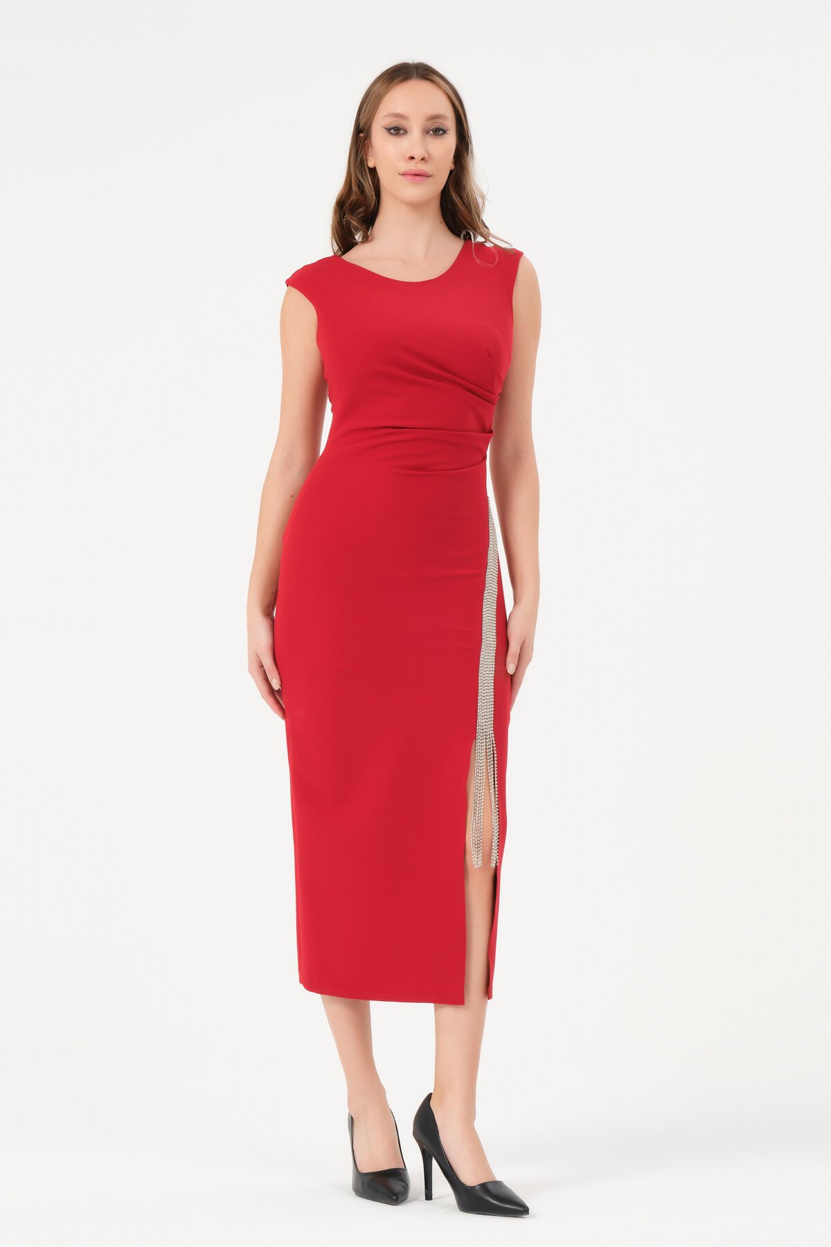 Taş Detaylı Drapeli Midi Elbise - 1570