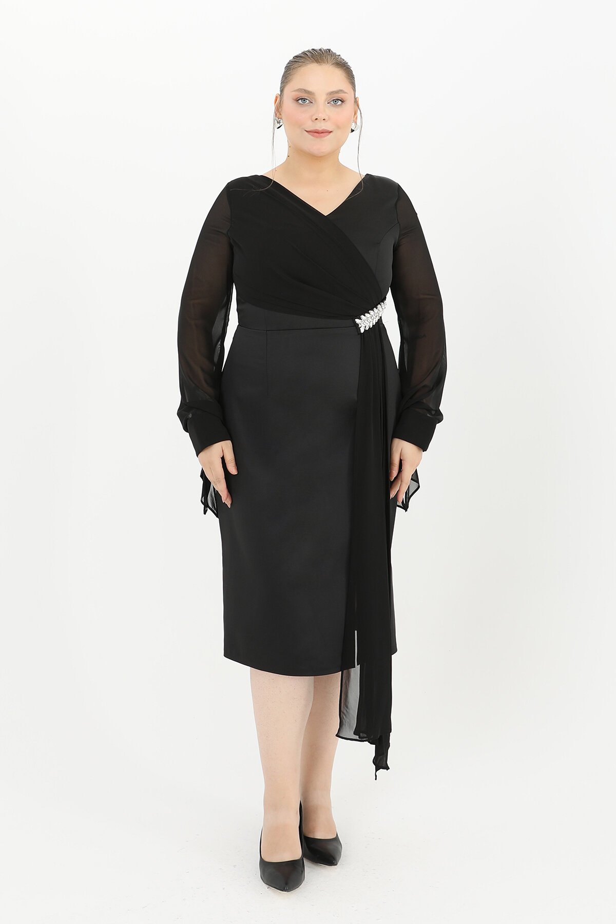 Taş Detaylı Drapeli Midi Elbise - 1647