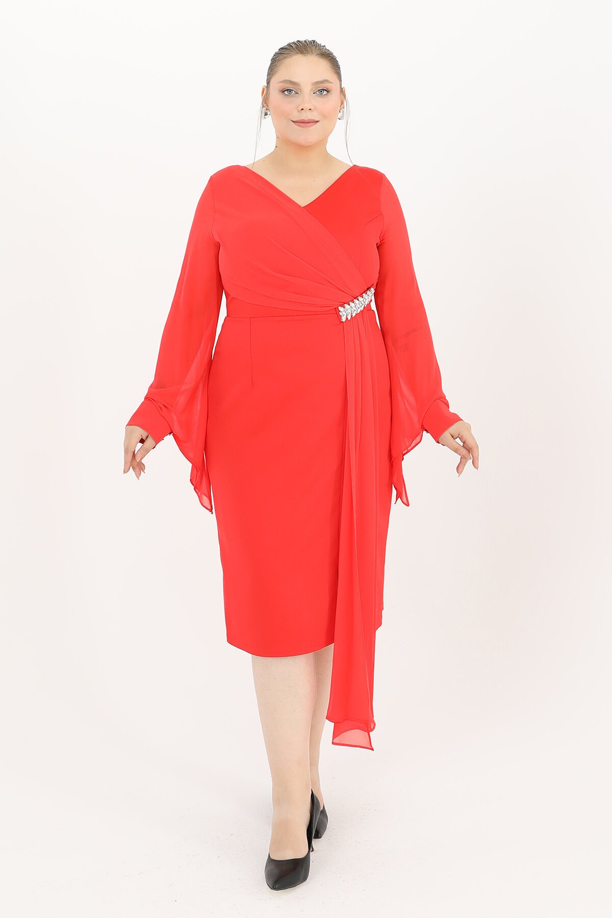 Taş Detaylı Drapeli Midi Elbise - 1647