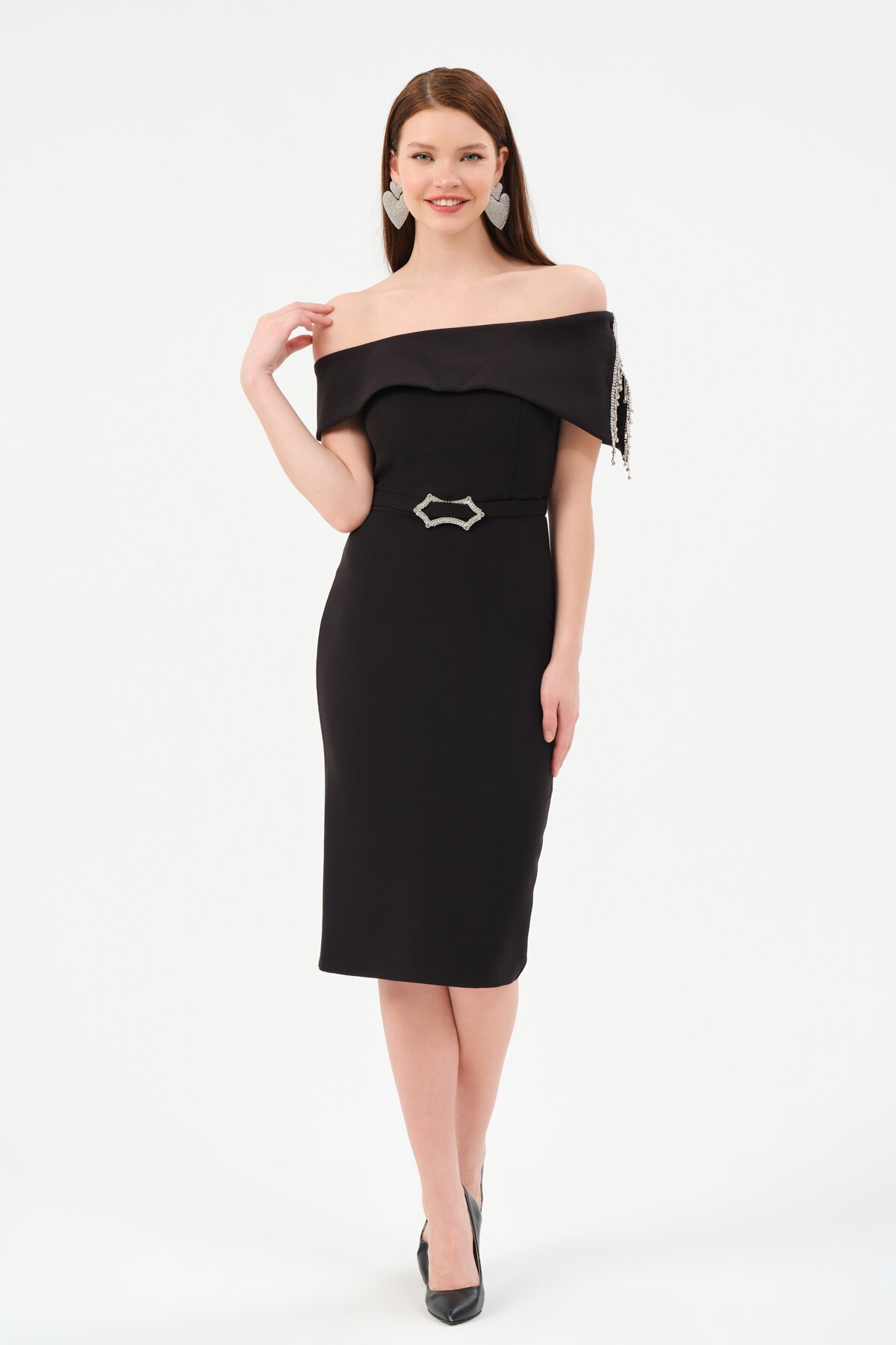 Taş Detaylı Kayık Yaka Midi Elbise - 1517