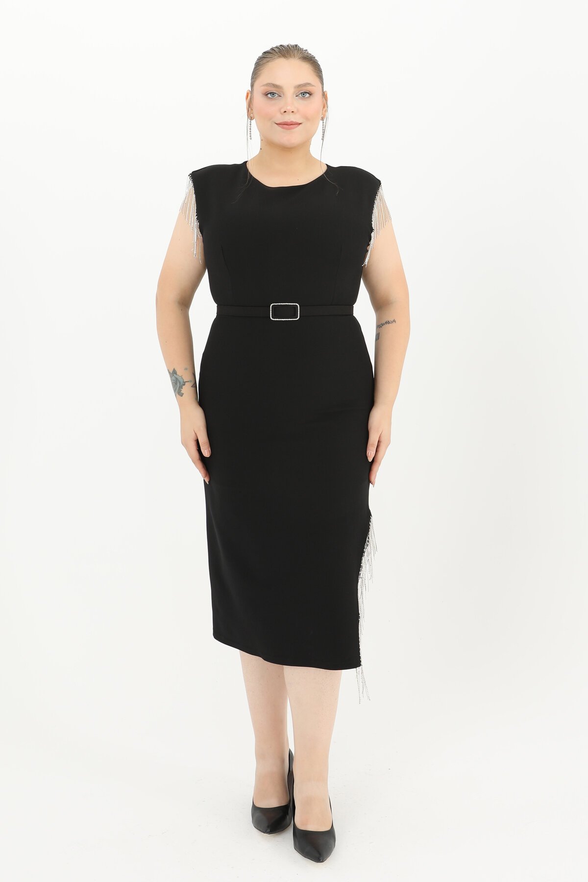 Taş Detaylı Kemerli Midi Elbise - 1626