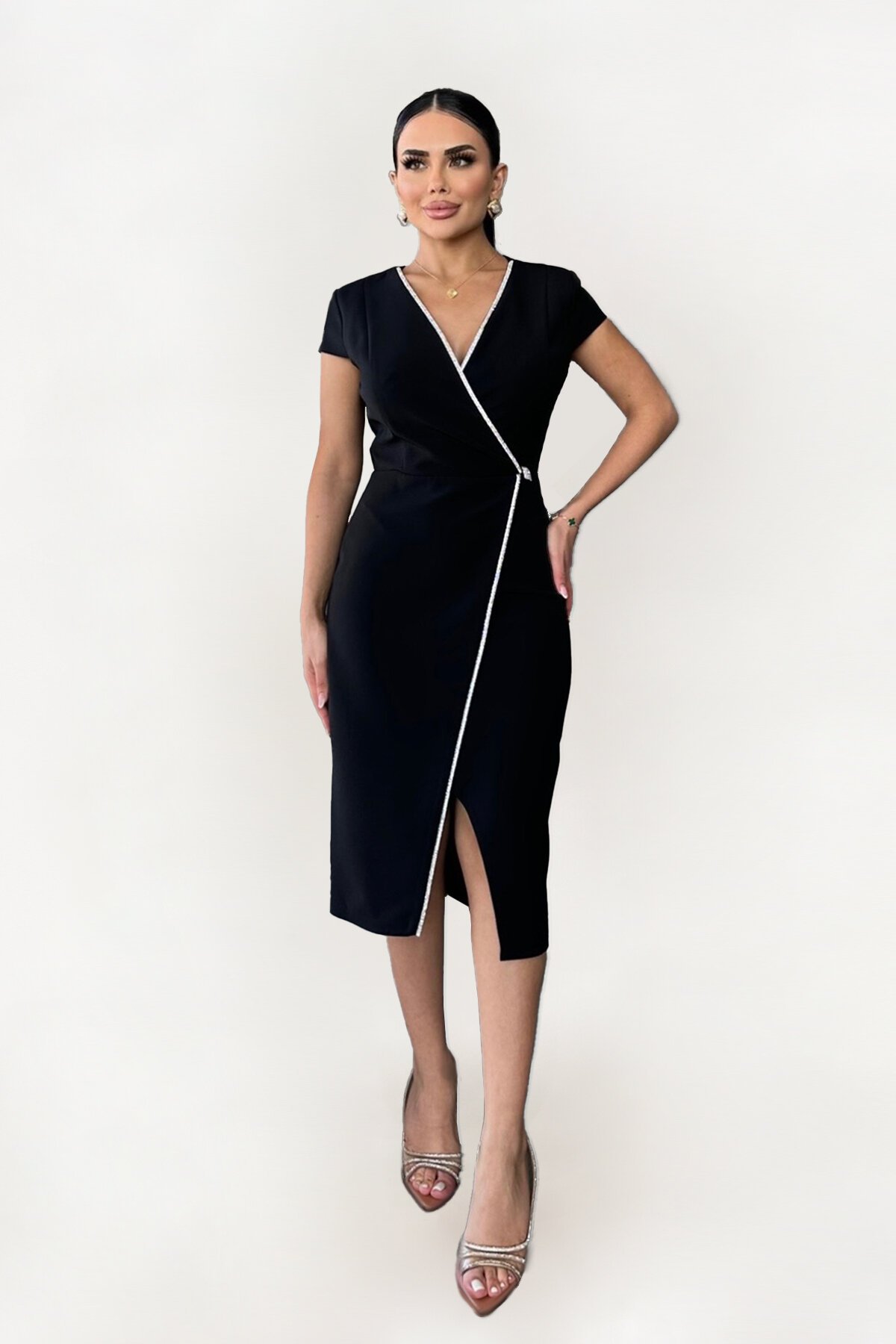 Taş Detaylı Kruvaze Elbise - 1609