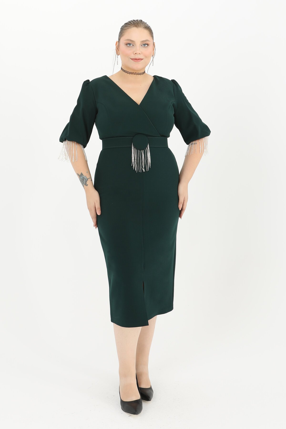 Taş Detaylı Kruvaze Yaka Midi Elbise - 1646