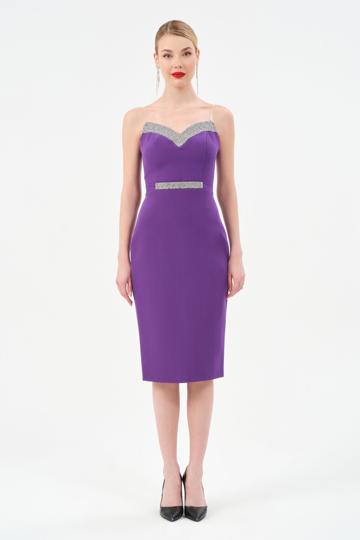 Taş Detaylı Straplez Midi Elbise - 1502