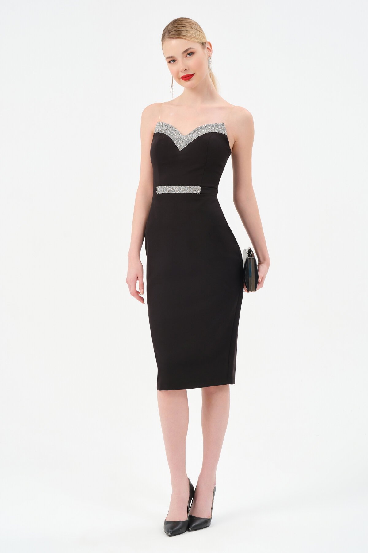 Taş Detaylı Straplez Midi Elbise - 1502