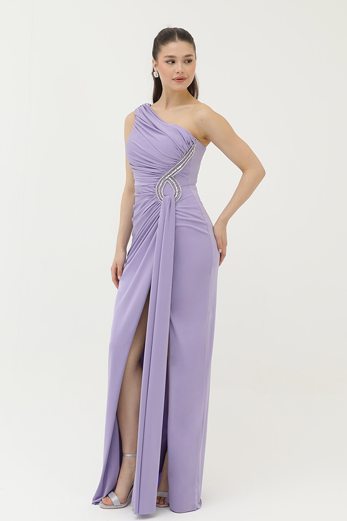 Taş İşlemeli Tek Omuzlu Elbise - 1728