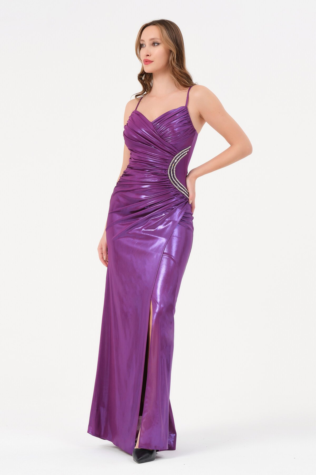 Taş İşleme Detaylı Parlak Elbise - 1614