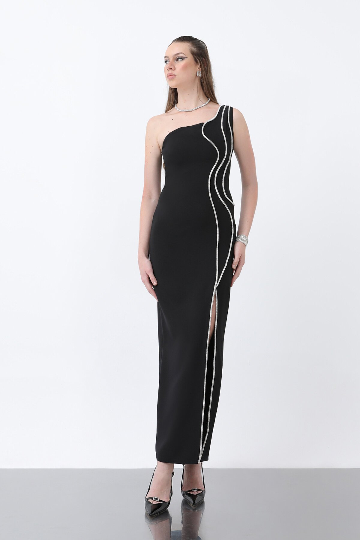 Taş İşlemeli Tek Omuzlu Elbise - 1736