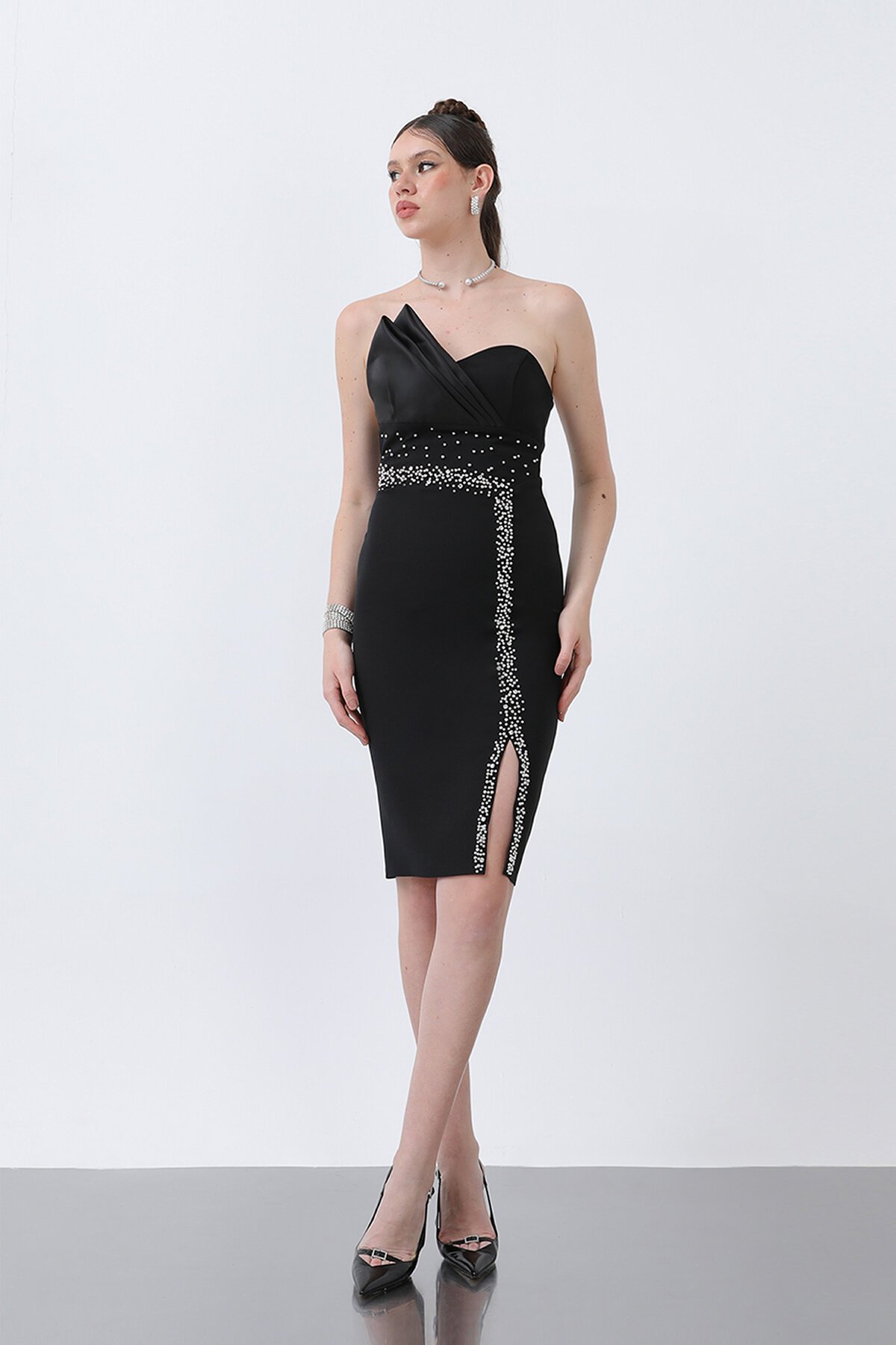 Taş İşlemeli Straplez Mini Elbise - 1863