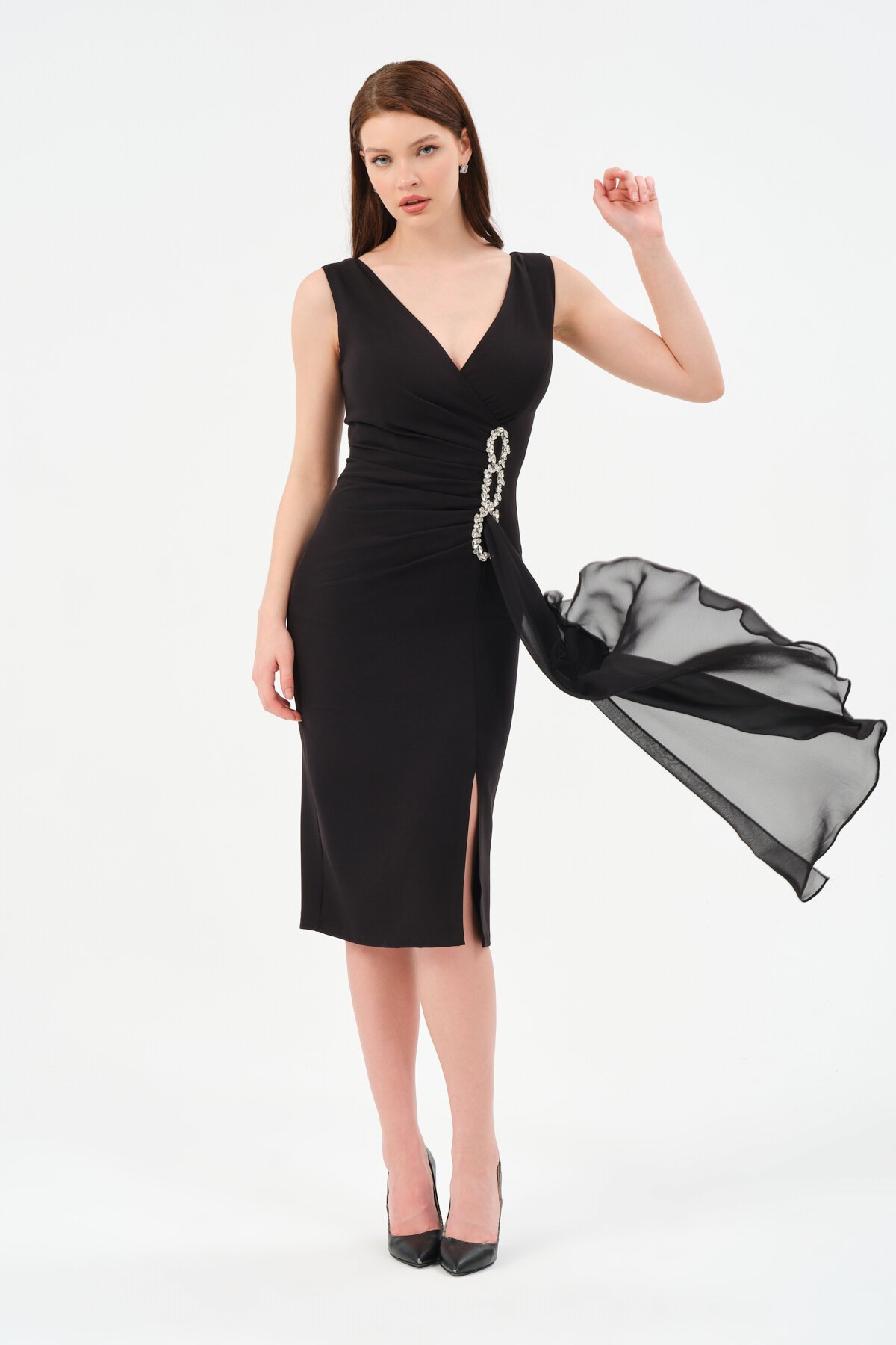 Taş İşlemeli Volanlı Midi Elbise - 1516