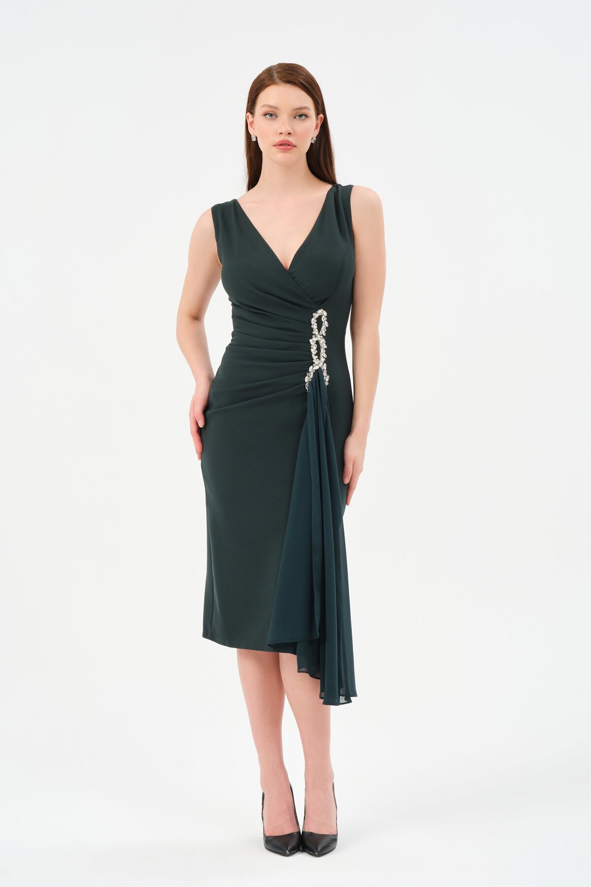 Taş İşlemeli Volanlı Midi Elbise - 1516