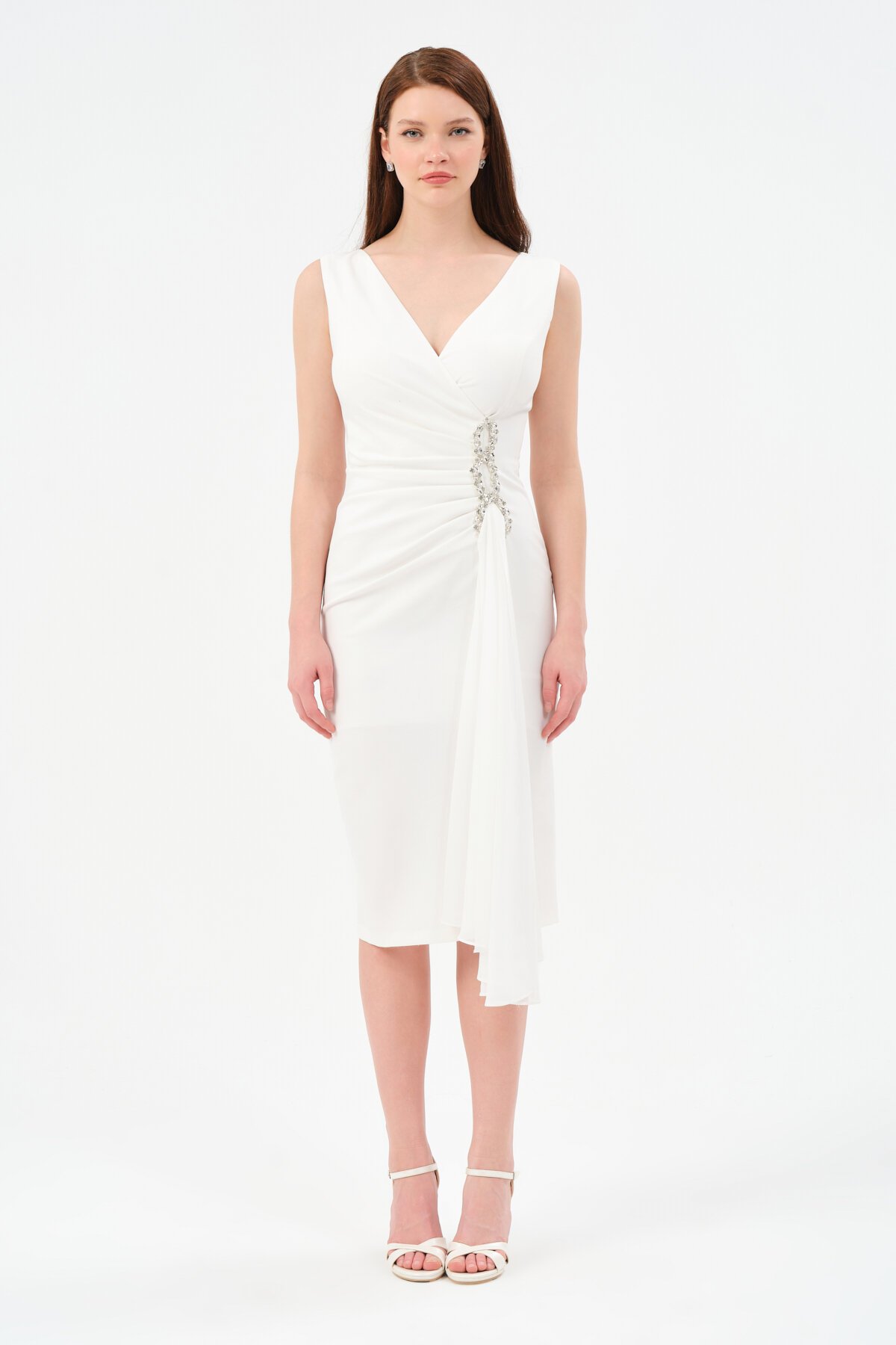 Taş İşlemeli Volanlı Midi Elbise - 1516