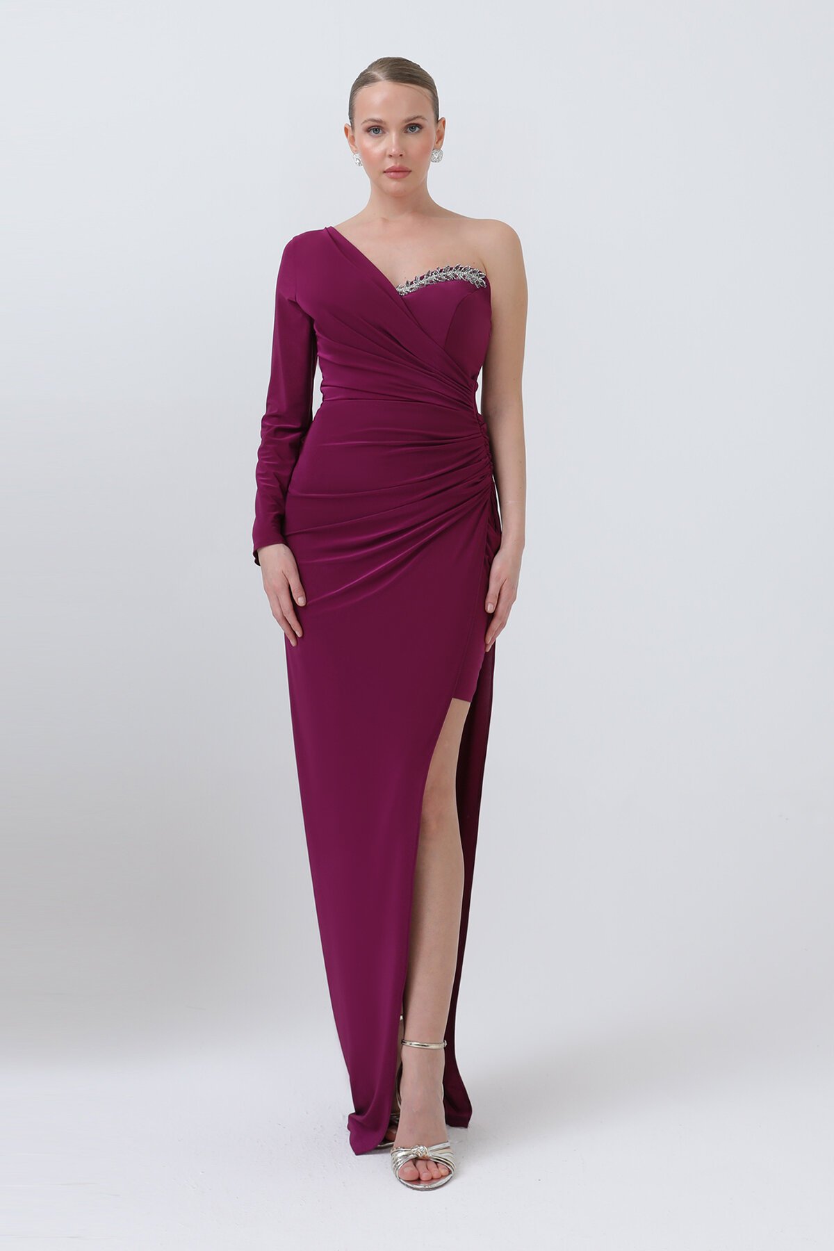 Tek Kollu Taş Detaylı Yırtmaçlı Elbise - 1640