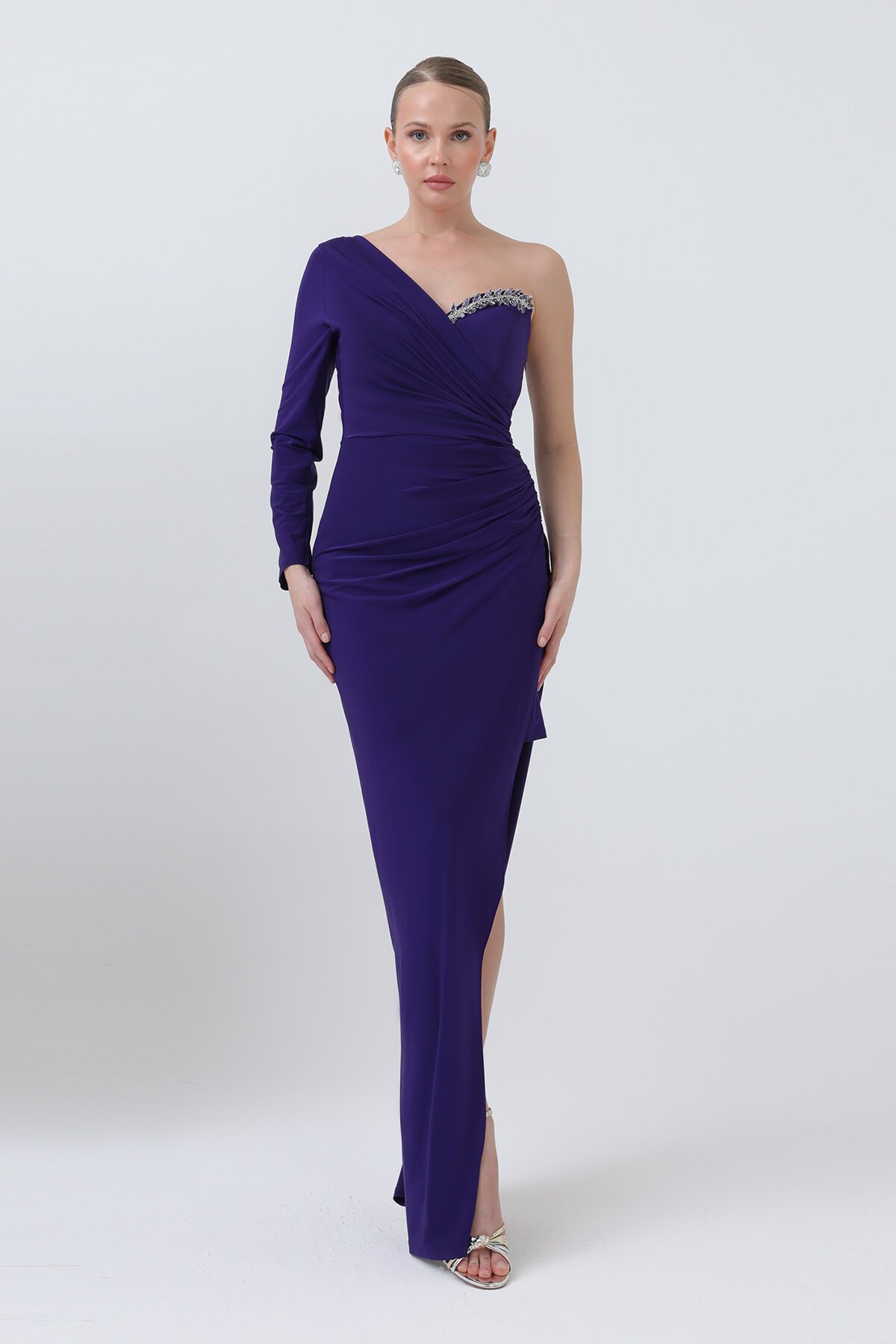 Tek Kollu Taş Detaylı Yırtmaçlı Elbise - 1640