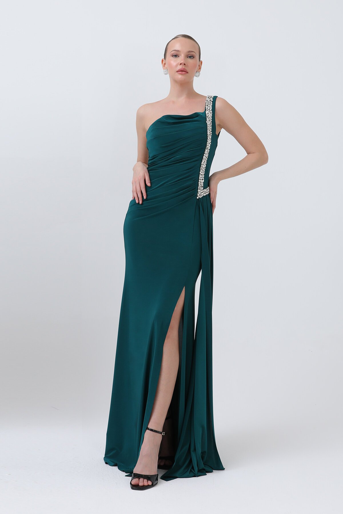 Tek Omuzlu Taş Detaylı Elbise - 1615