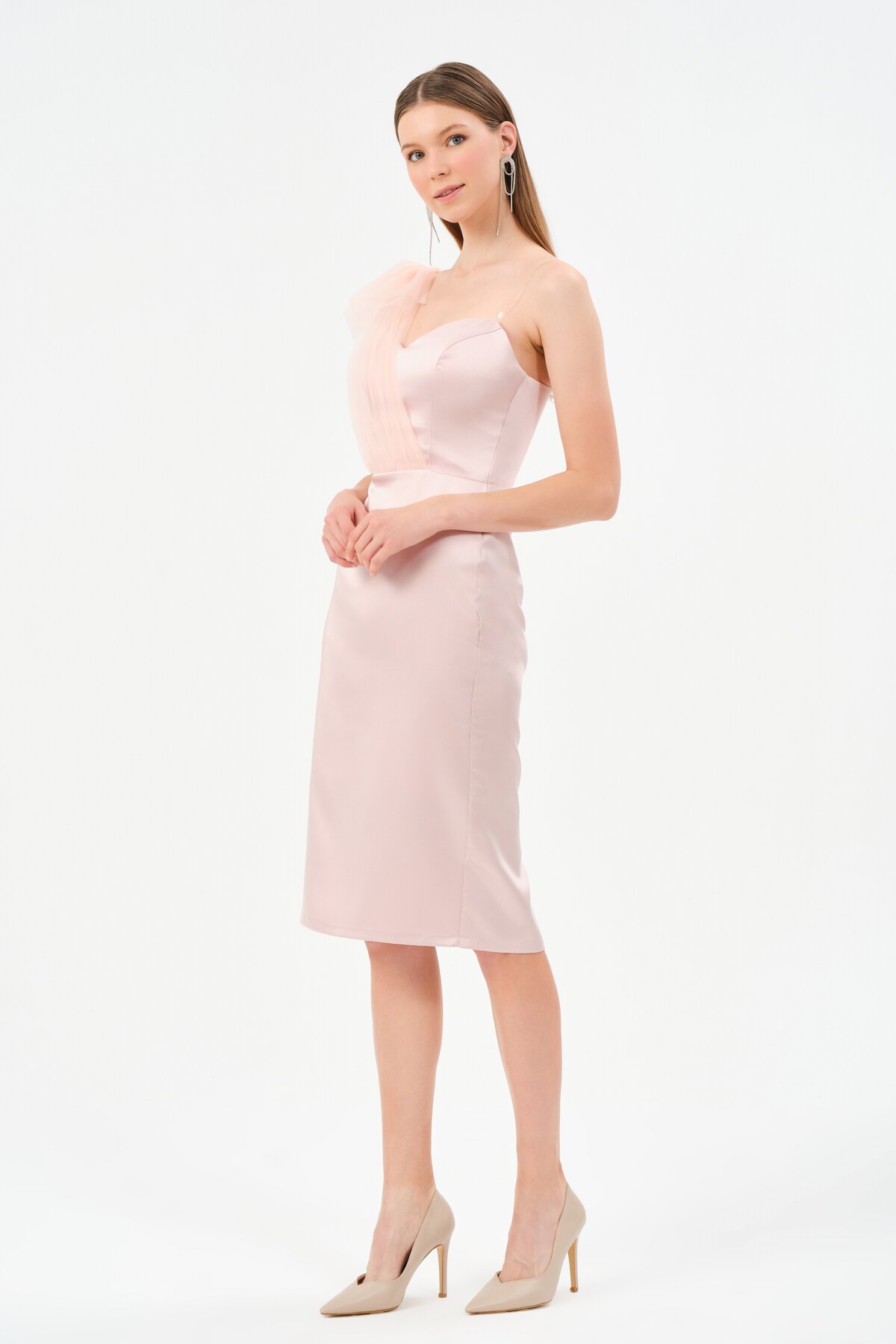 Tek Omuz Tül Detaylı Midi Elbise - 1577