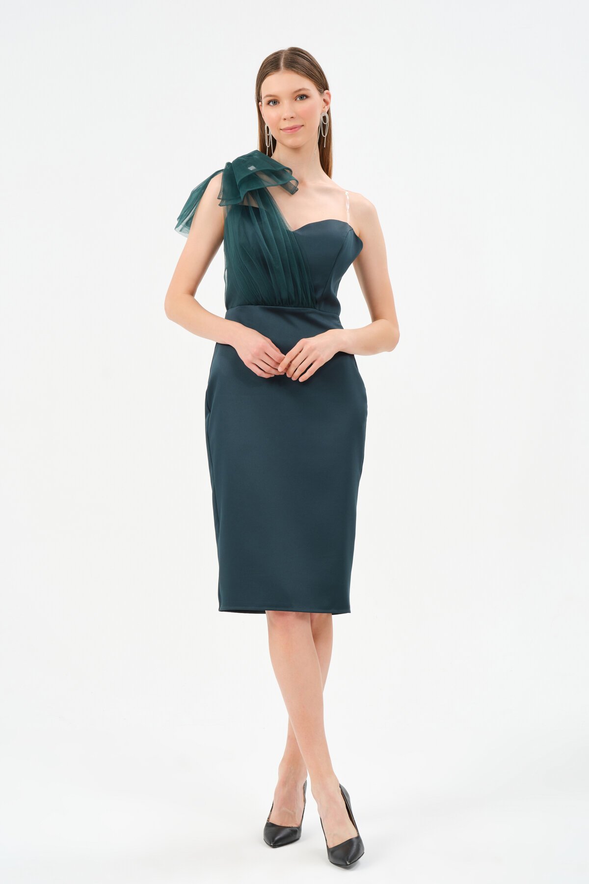 Tek Omuz Tül Detaylı Midi Elbise - 1577