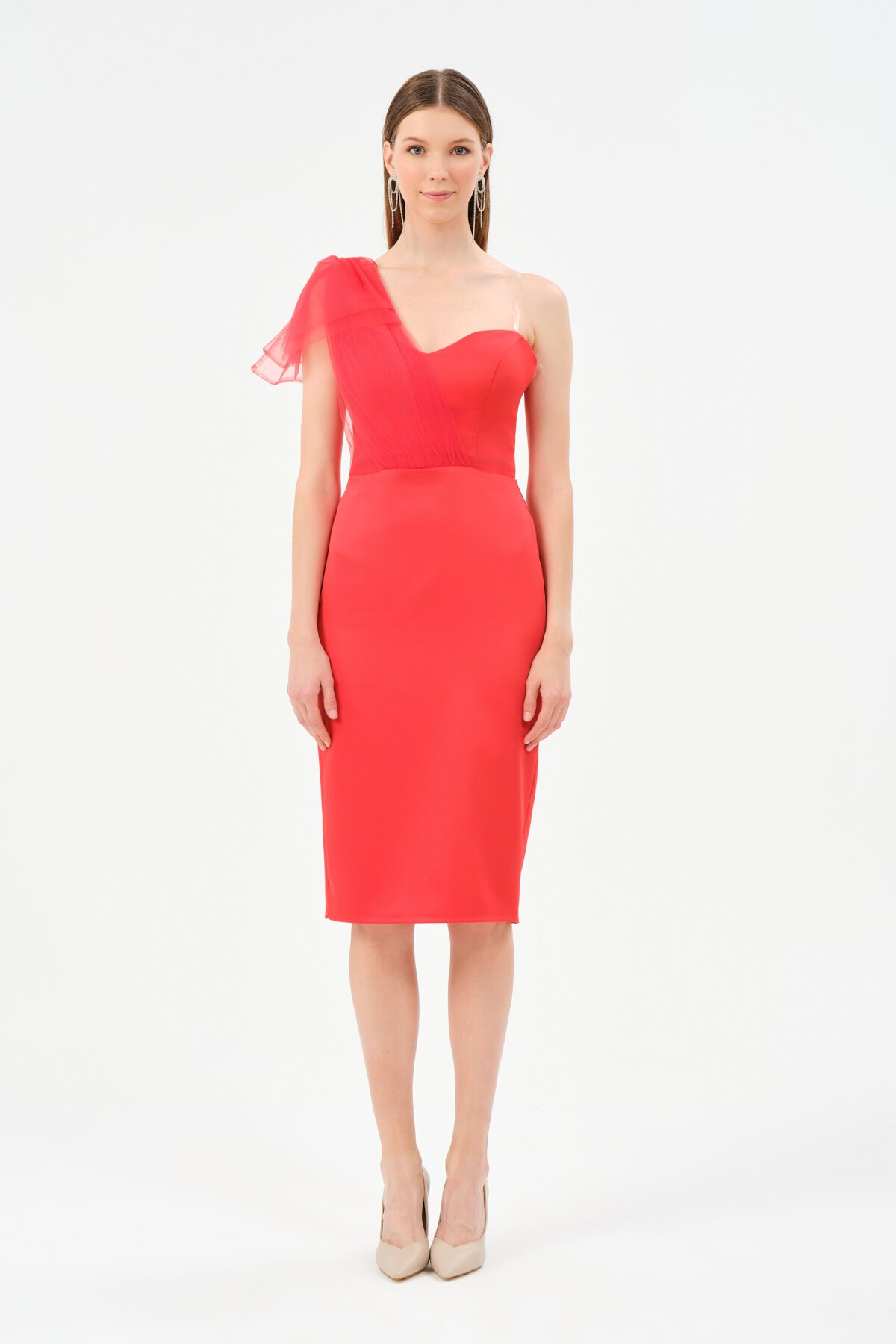 Tek Omuz Tül Detaylı Midi Elbise - 1577