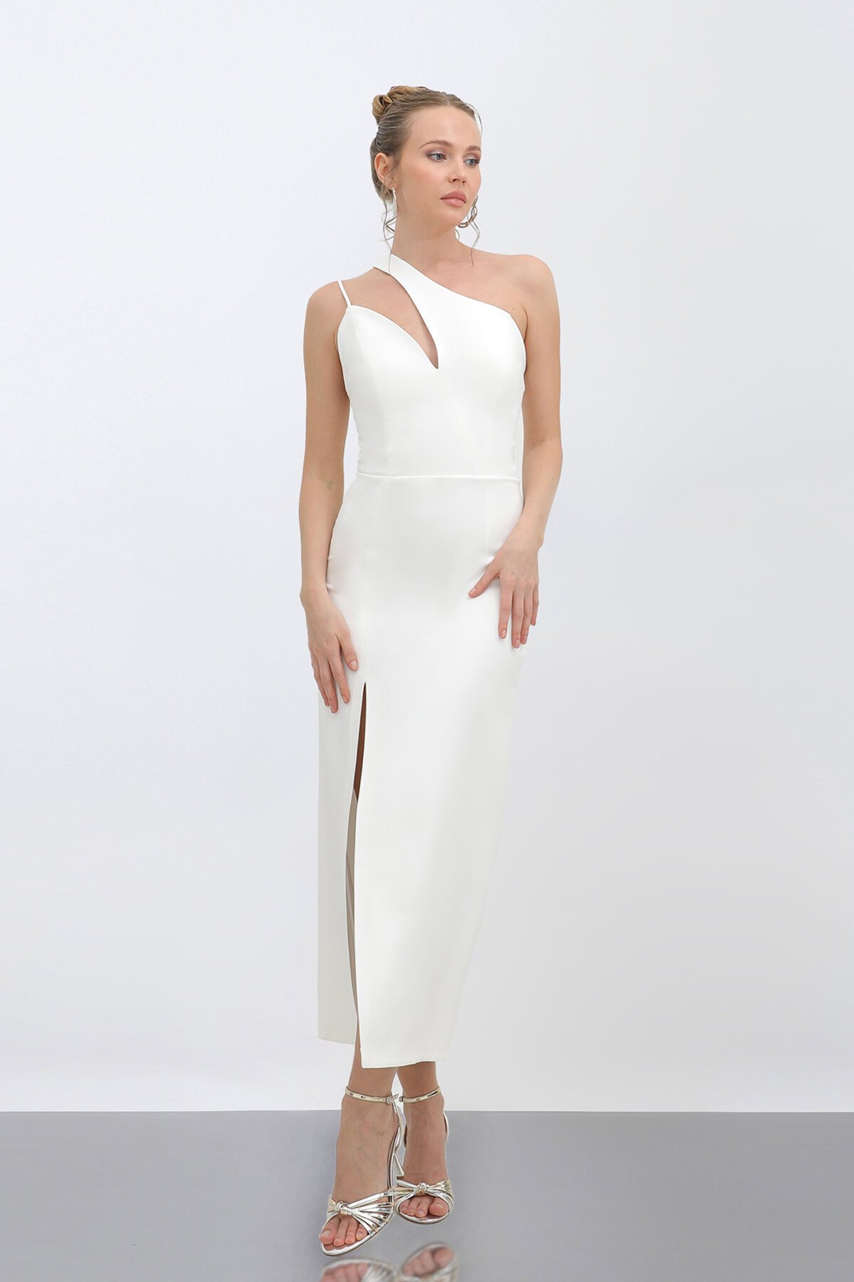 Tek Omuzlu Yırtmaçlı Midi Elbise - 1787