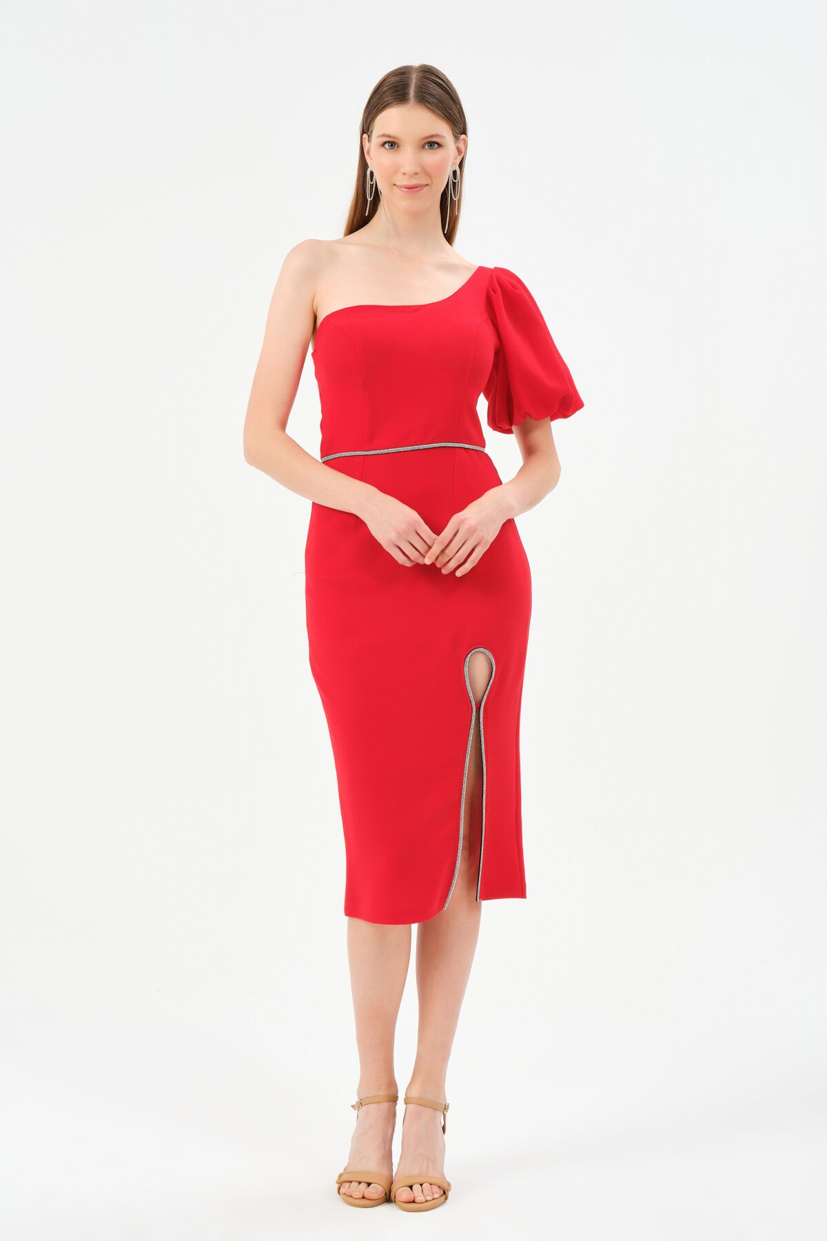 Tek Omuzlu Balon Kollu Midi Elbise - 1523