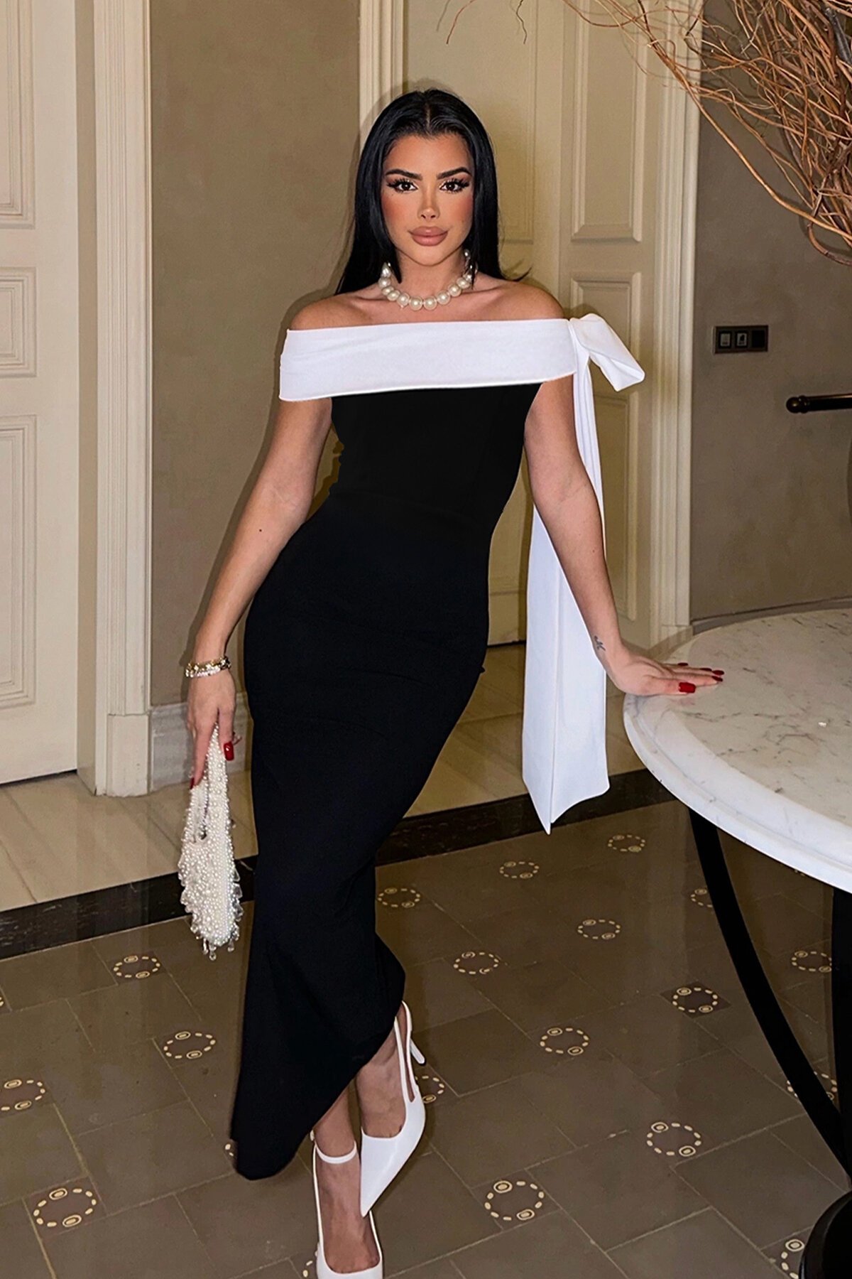 Kayık Yaka Fiyonklu Midi Elbise - 1817