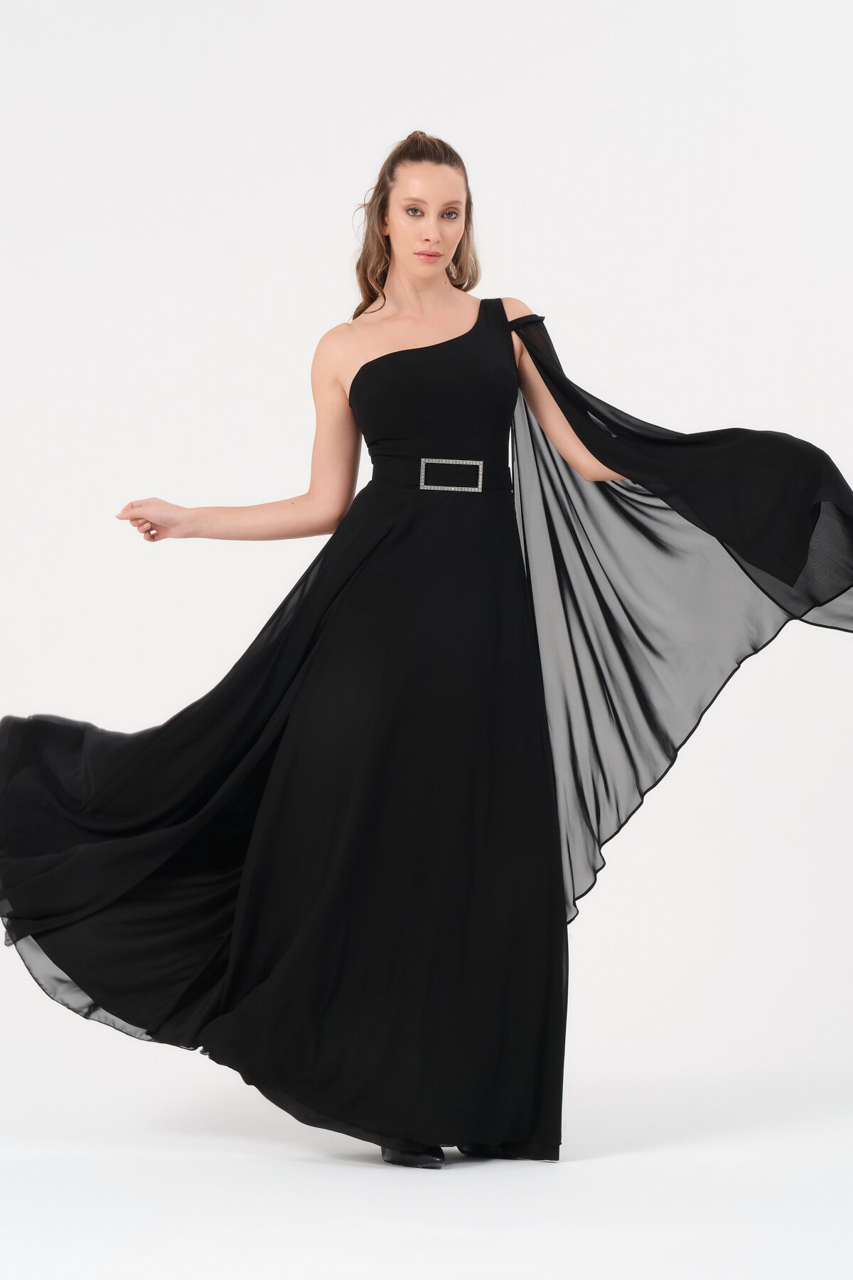 Tek Omuzlu Kemer Detaylı Elbise - 1575