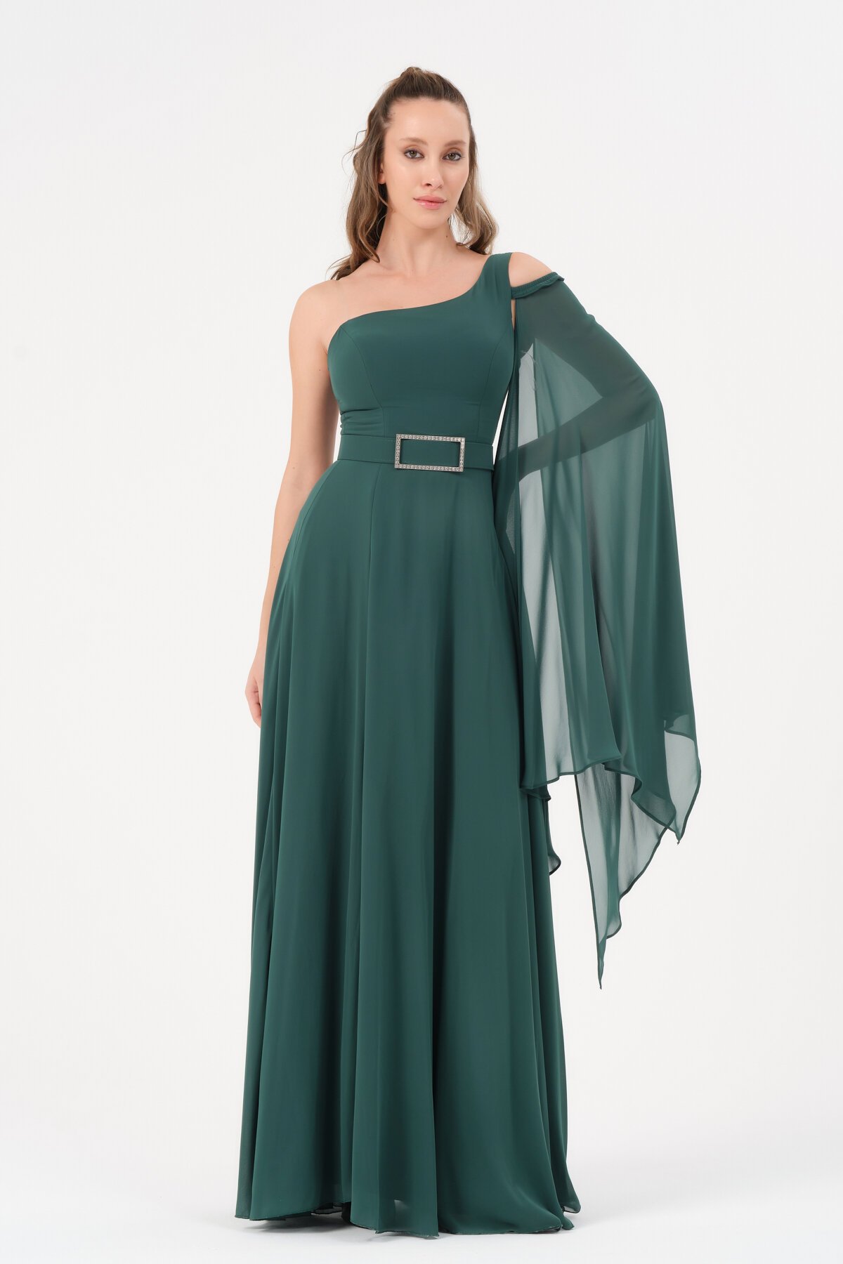 Tek Omuzlu Kemer Detaylı Elbise - 1575