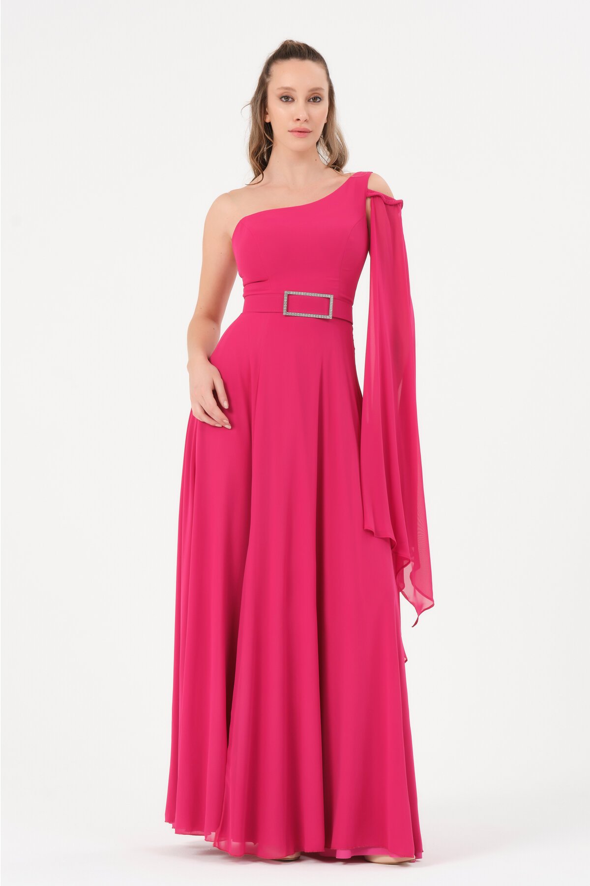 Tek Omuzlu Kemer Detaylı Elbise - 1575