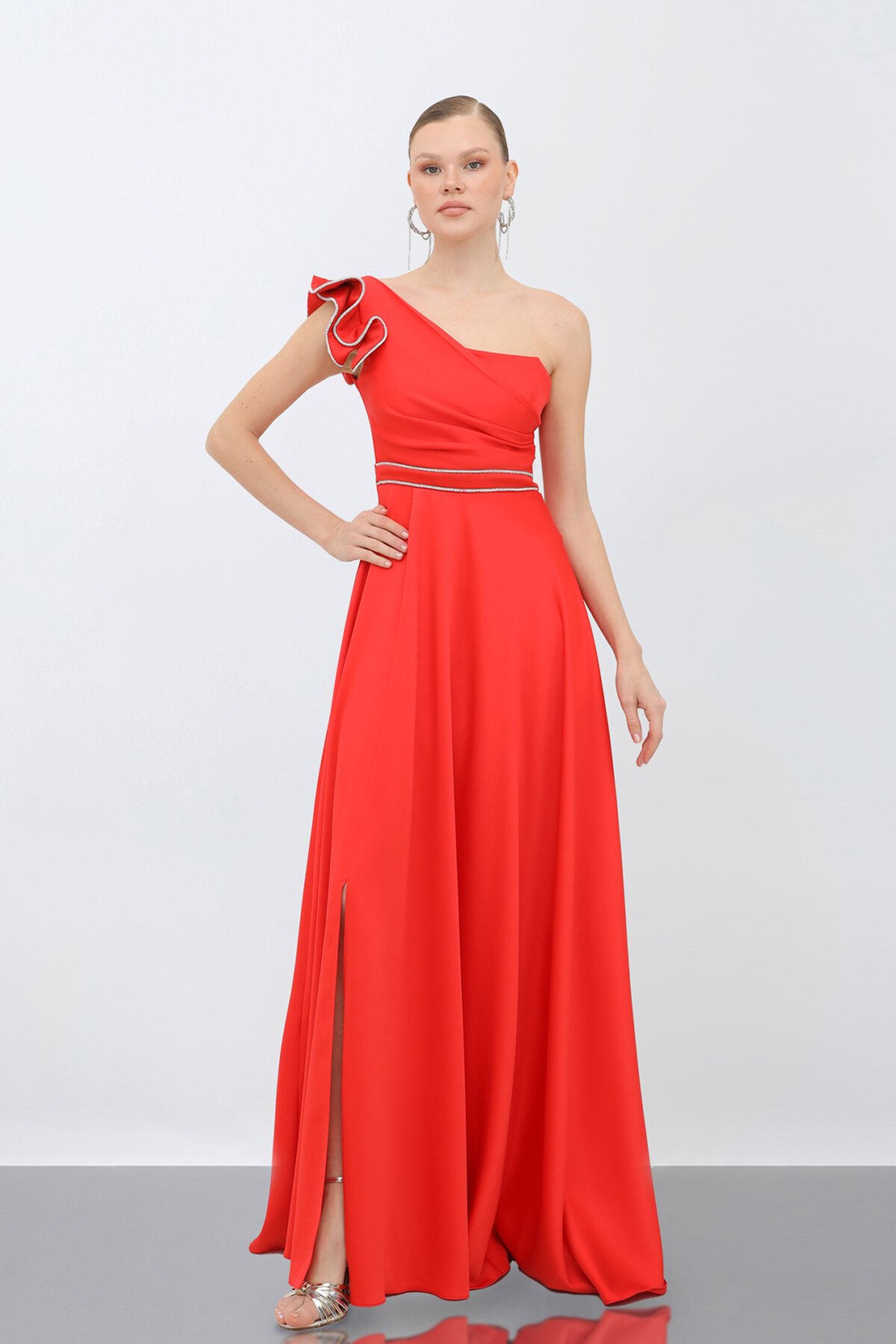 Tek Omuzlu Yırtmaçlı Elbise - 1745