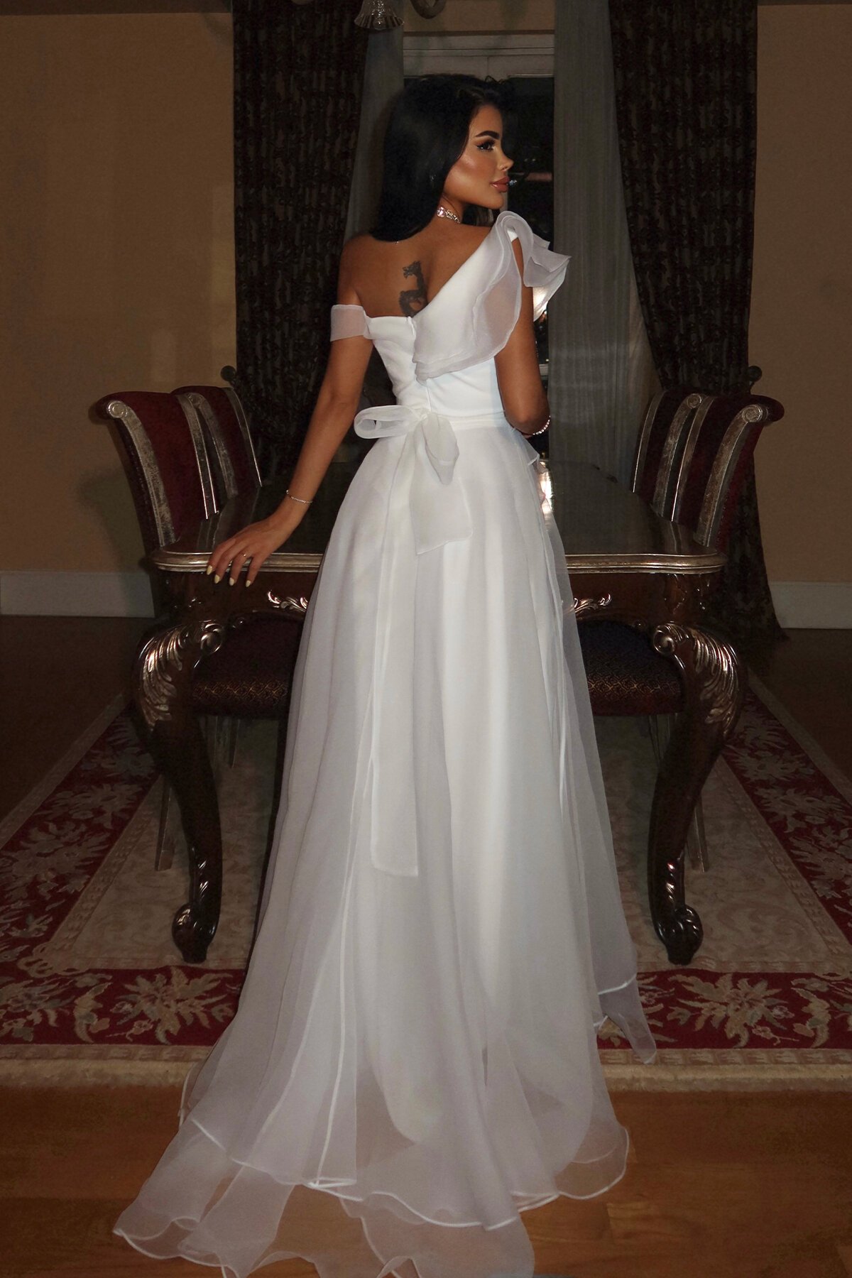 Tül Detaylı Volanlı Elbise - 6003