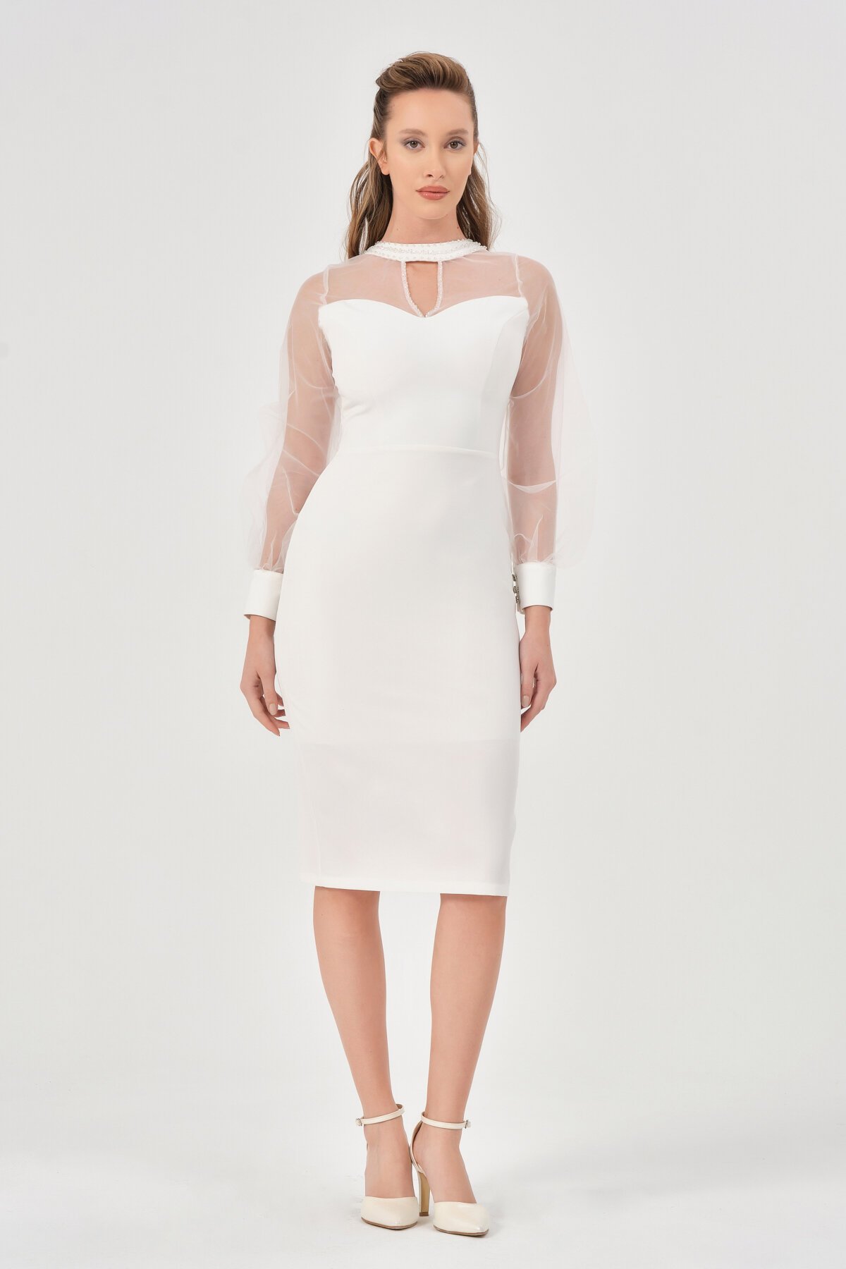 Tül Detaylı Midi Elbise - 1601